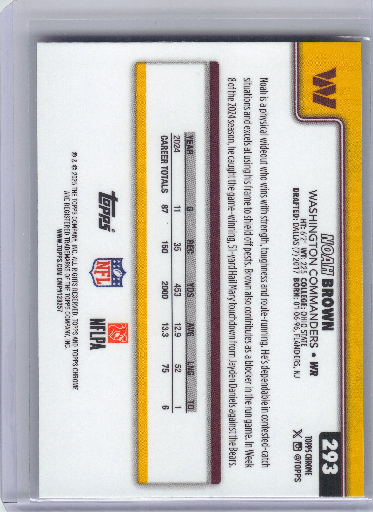 2025 Topps Chrome #293 Noah Brown Prism Refractor Washington Commanders