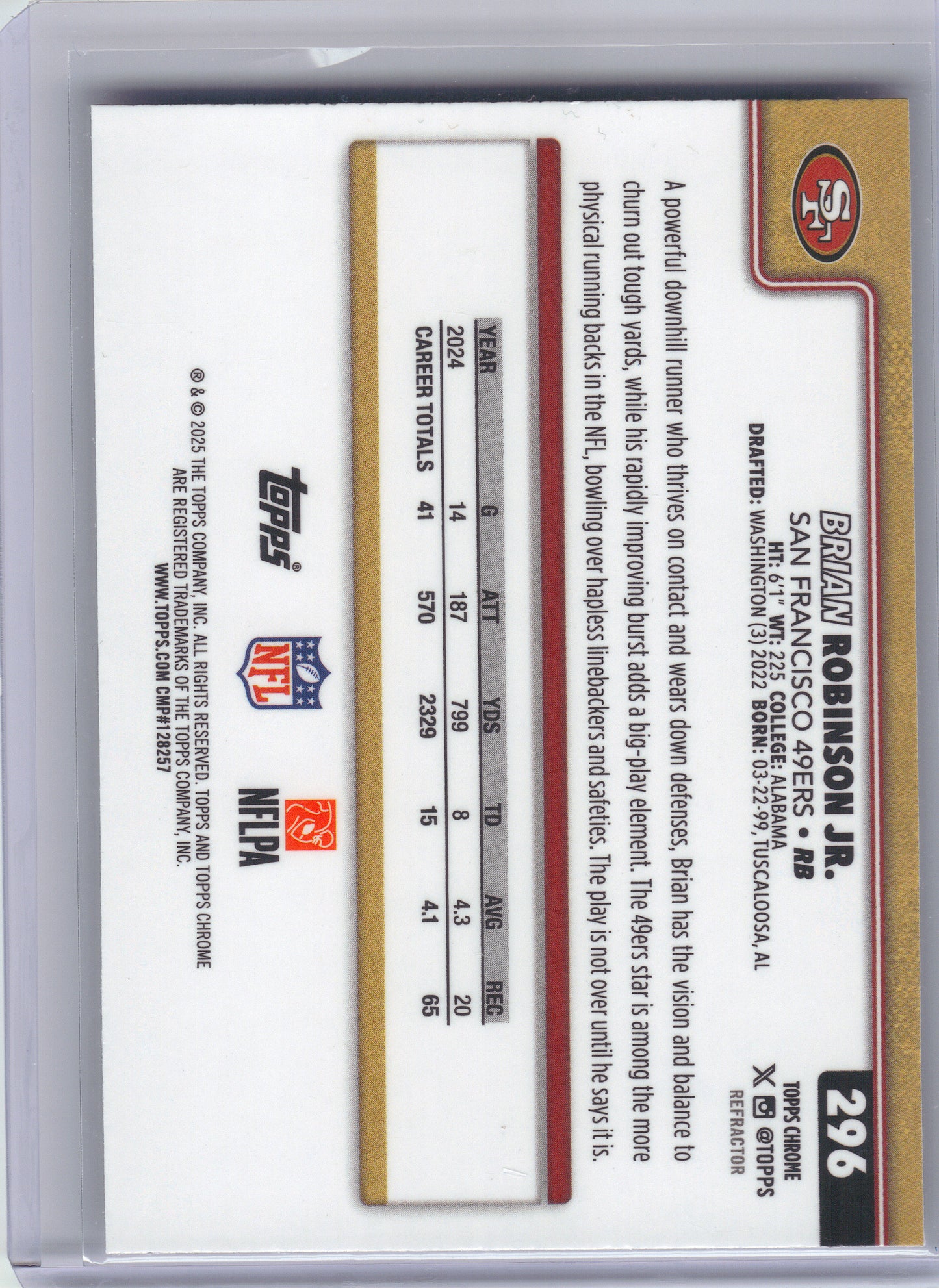 2025 Topps Chrome #296 Brian Robinson Jr. Refractor San Francisco 49ers
