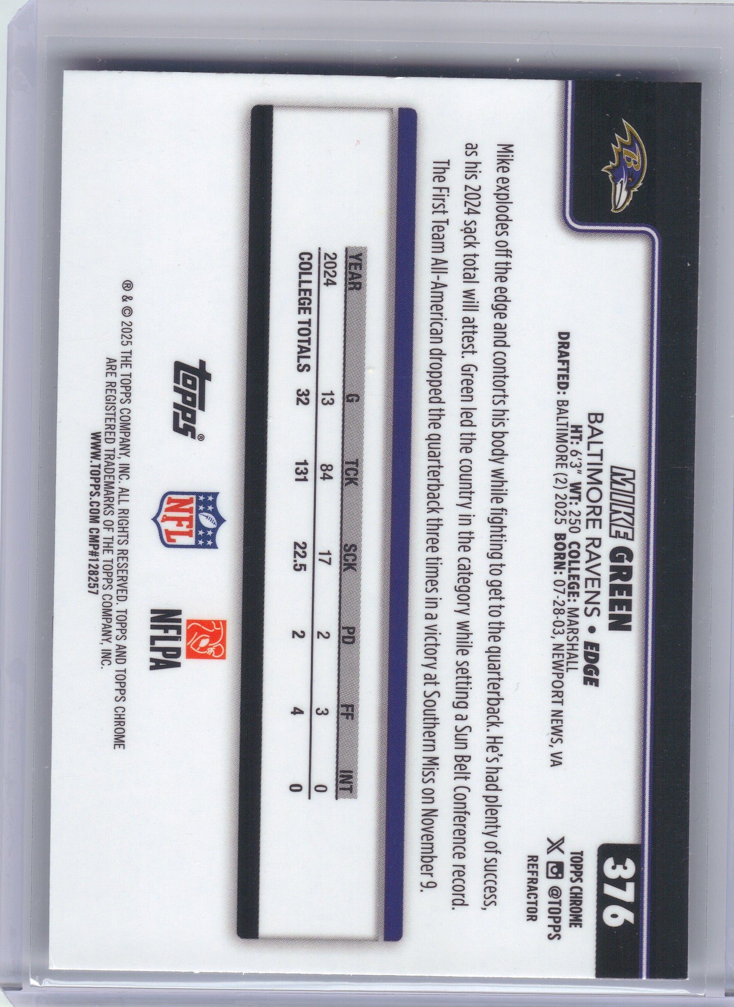 2025 Topps Chrome #376 Mike Green Refractor x Baltimore Ravens RC