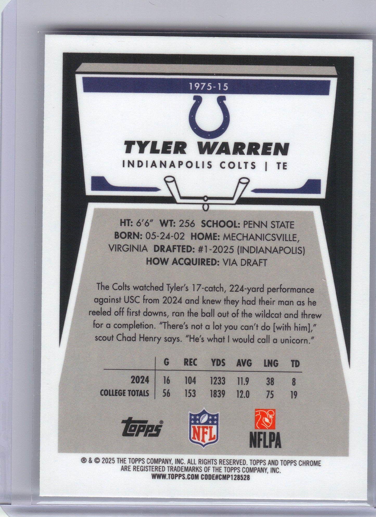 2025 Topps Chrome #1975-15 Tyler Warren 1975 Topps Indianapolis Colts