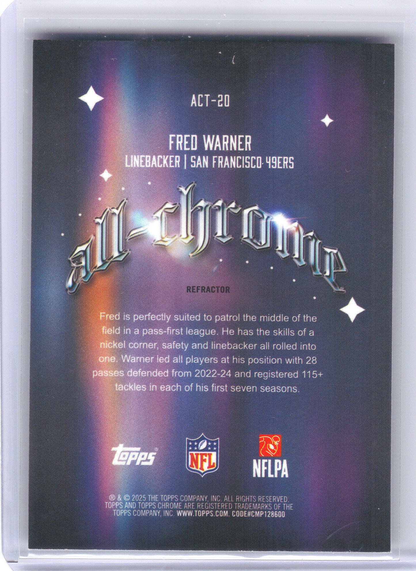 2025 Topps Chrome #ACT-20 Fred Warner All-Chrome Team Refractor San Francisco 49ers