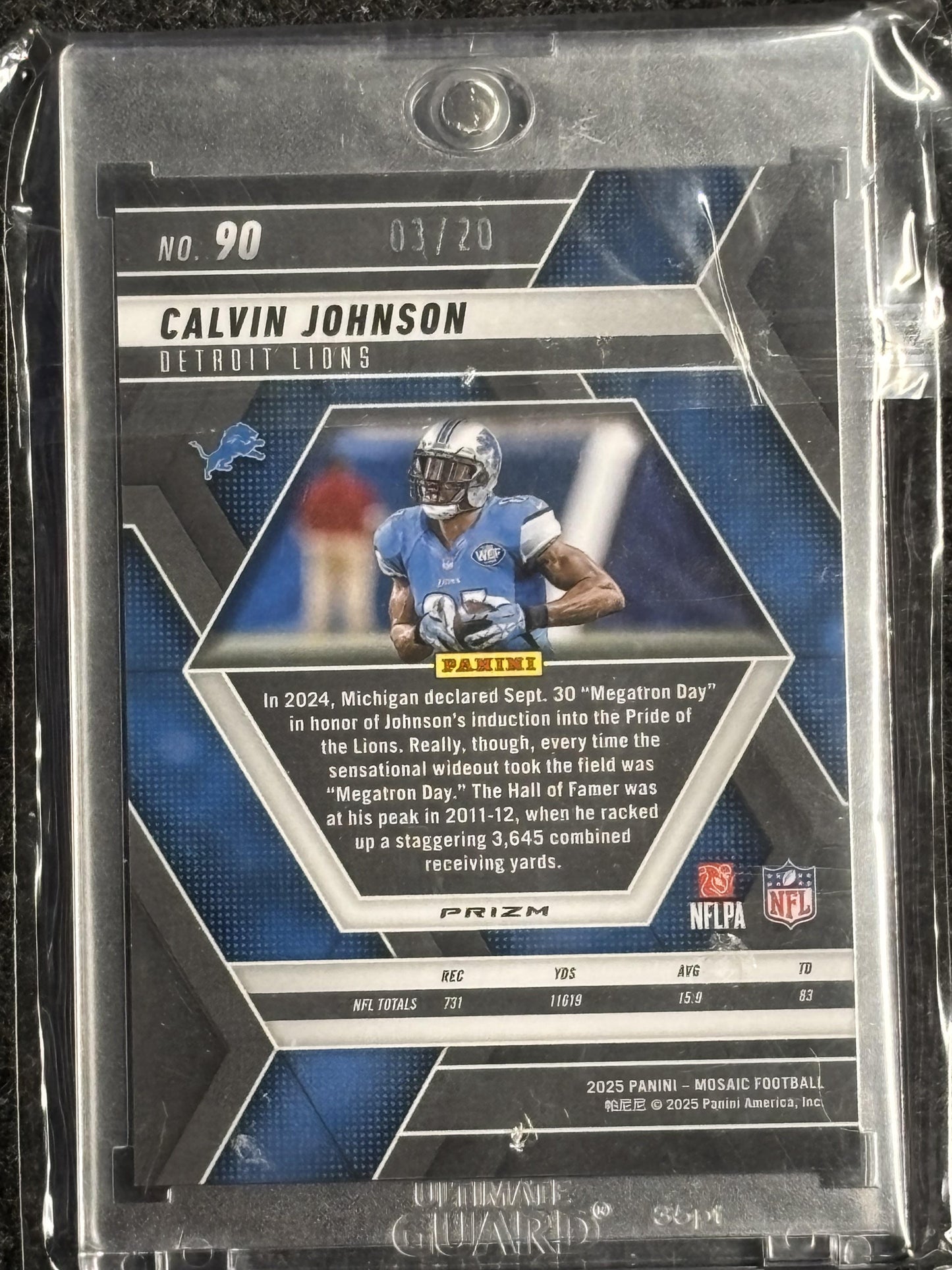 2025 Panini Mosaic #90 Calvin Johnson Mosaic Choice Cherry Blossom #/20 Detroit Lions SN