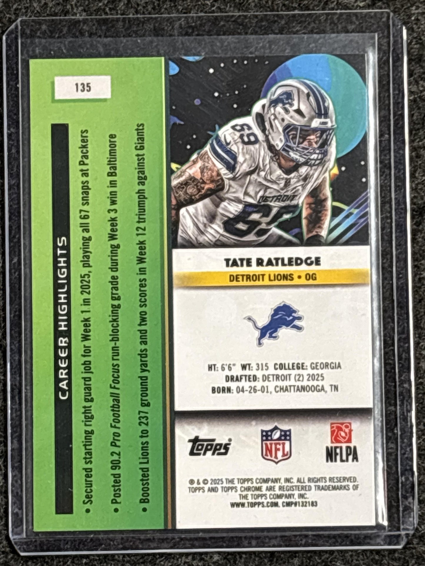 2025 Topps Chrome Cosmic #135 Tate Ratledge Nucleus Refractor Detroit Lions RC