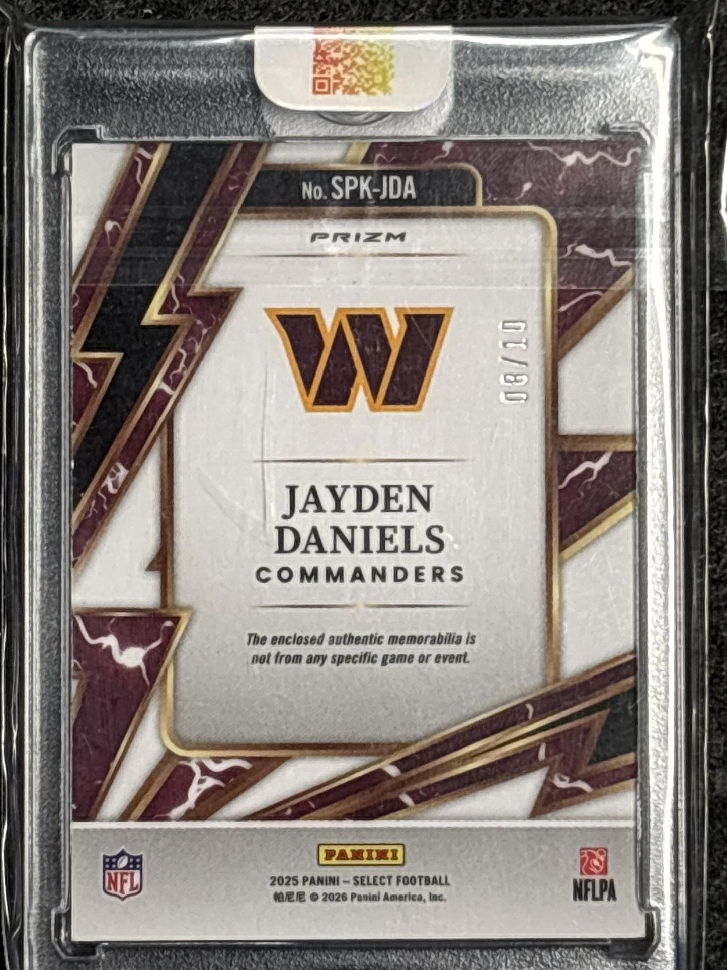 2025 Panini Select #SPK-JDA Jayden Daniels Sparks Gold Prizm #/10 Washington Commanders SN, MEM