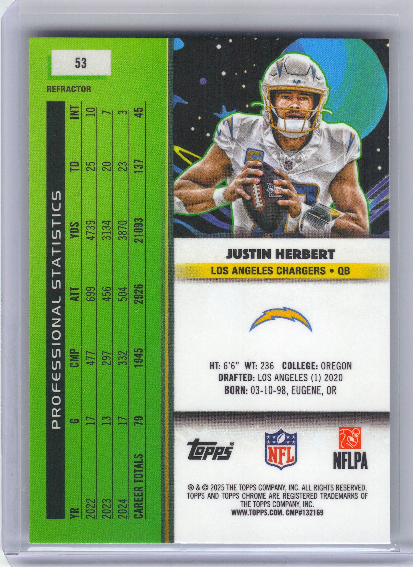 2025 Topps Chrome Cosmic #53 Justin Herbert Refractor Los Angeles Chargers