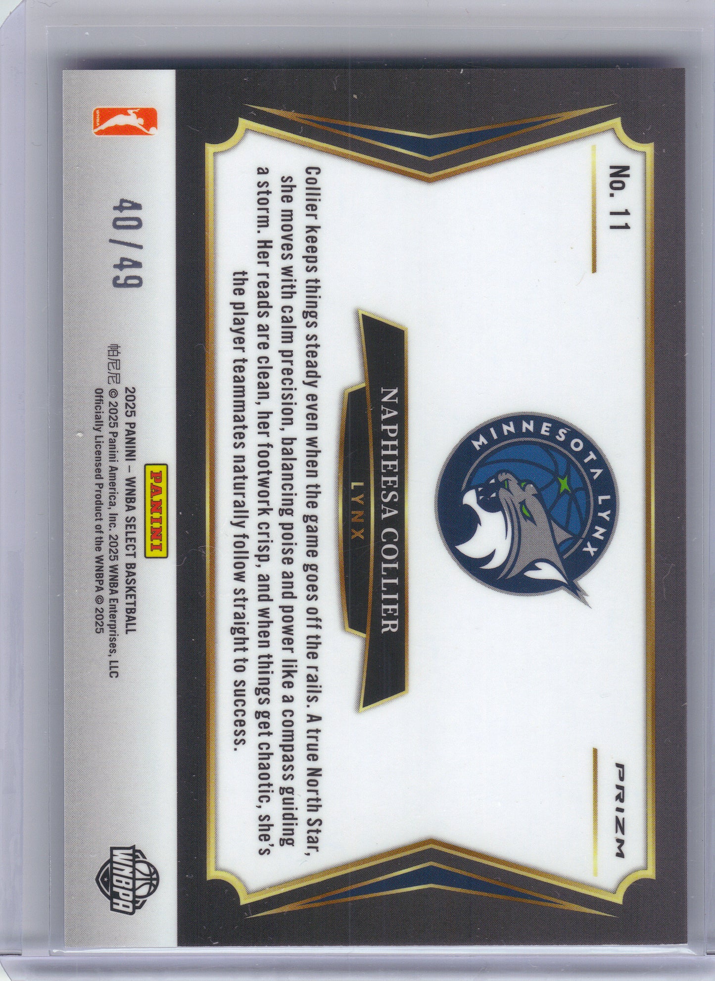 2025 Panini Select WNBA #11 Napheesa Collier All-Stars Blue #/49 Minnesota Lynx SN