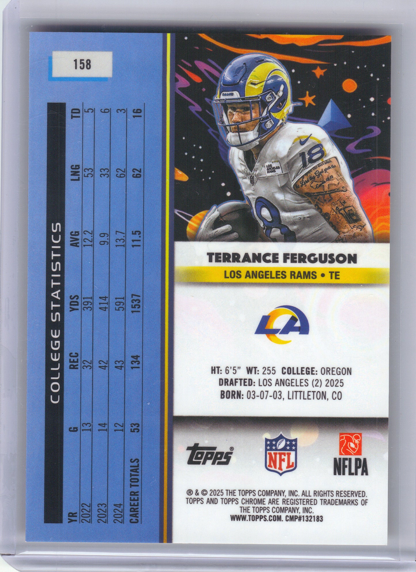 2025 Topps Chrome Cosmic #158 Terrance Ferguson Gold Interstellar Refractor #/50 Los Angeles Rams SN, Rookie