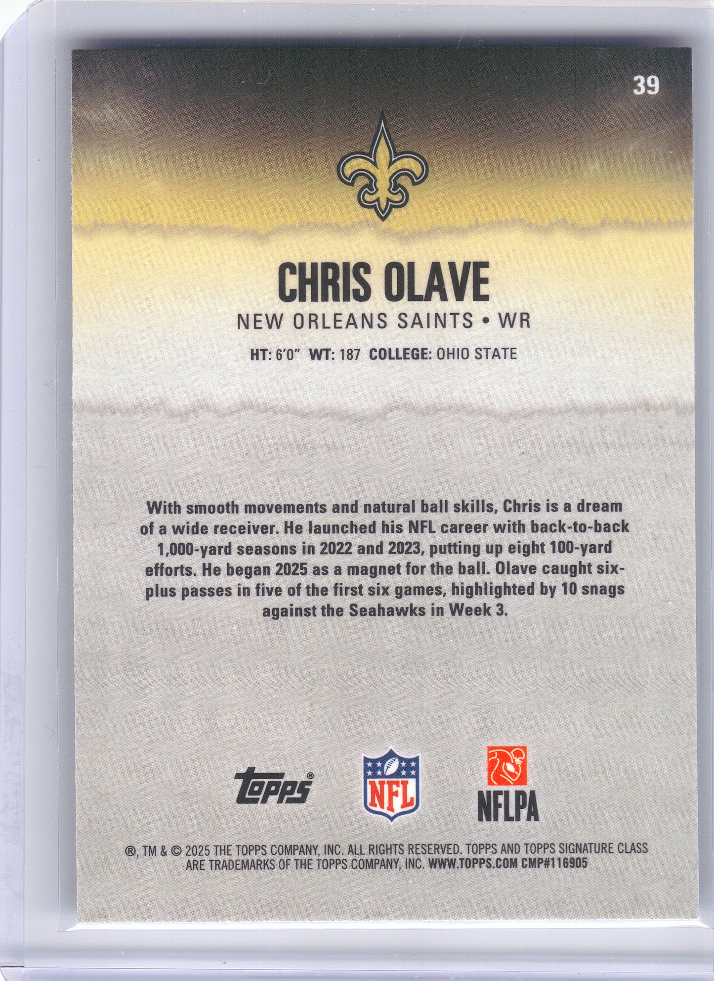 2025 Topps Signature Class #39 Chris Olave Chrome New Orleans Saints