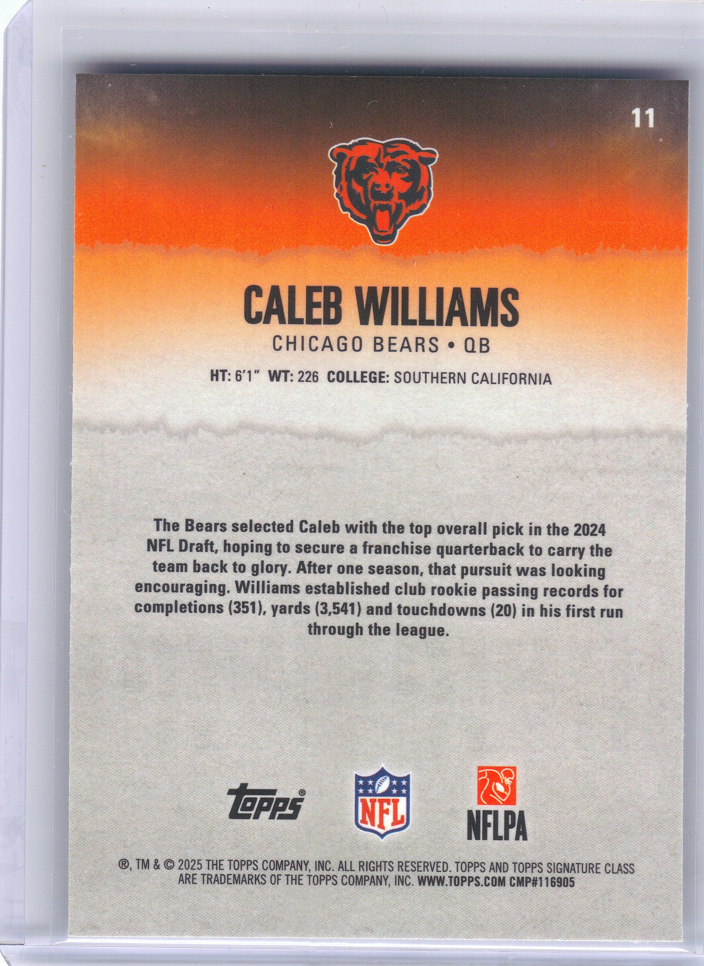 2025 Topps Signature Class #11 Caleb Williams Chrome Chicago Bears