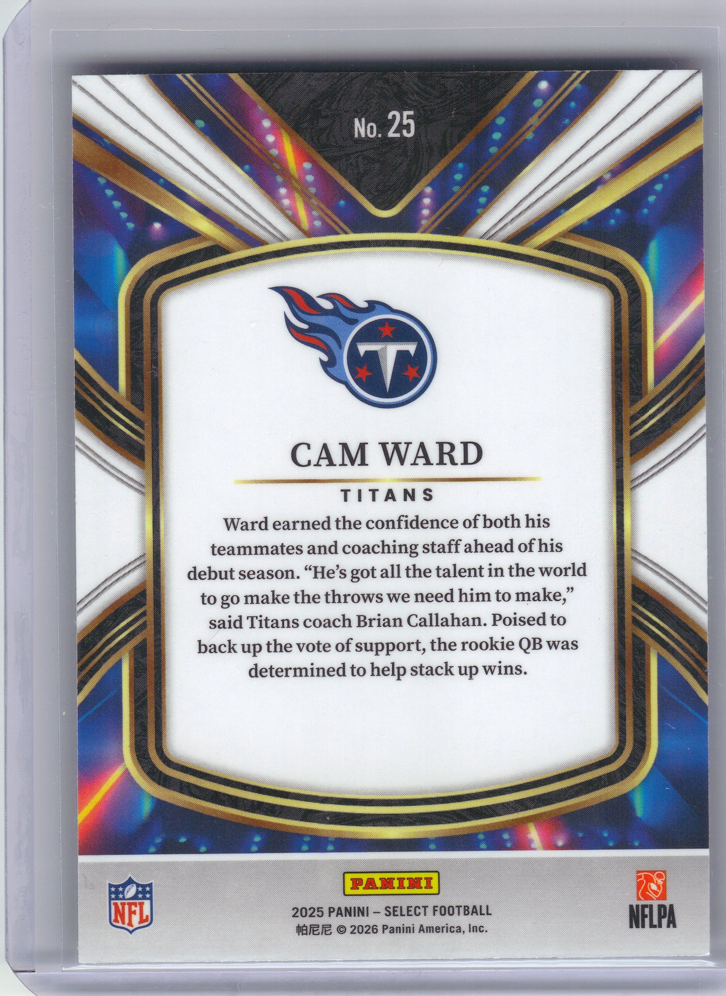 2025 Panini Select #25 Cam Ward Select Future Tennessee Titans