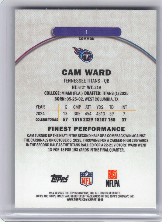 2025 Finest #1 Cam Ward Tennessee Titans Rookie