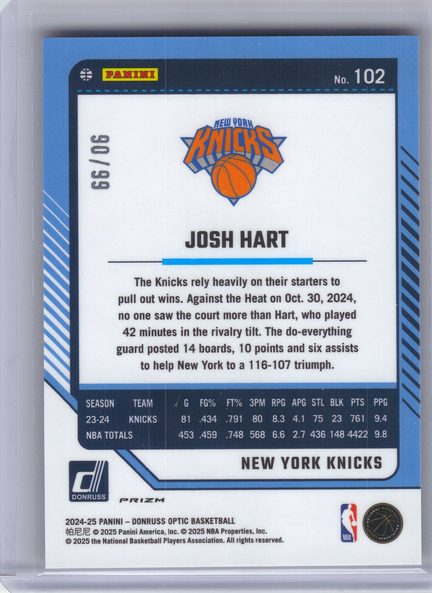 2024-25 Donruss Optic #102 Josh Hart Red and Gold International #/99 New York Knicks SN