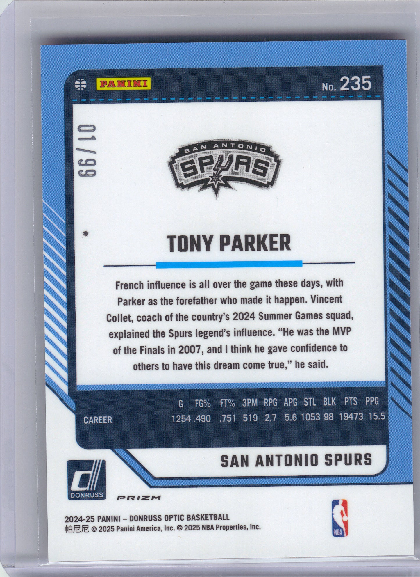 2024-25 Donruss Optic #235 Tony Parker Red and Gold International #/99 San Antonio Spurs SN