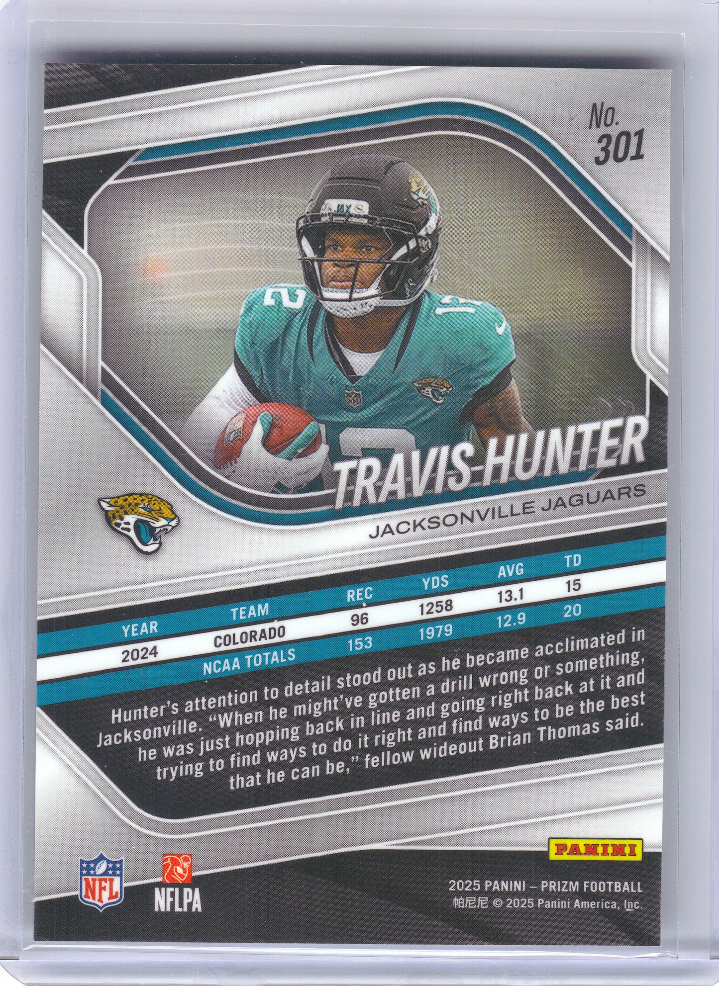 2025 Panini Prizm #301 Travis Hunter Jacksonville Jaguars Rookie