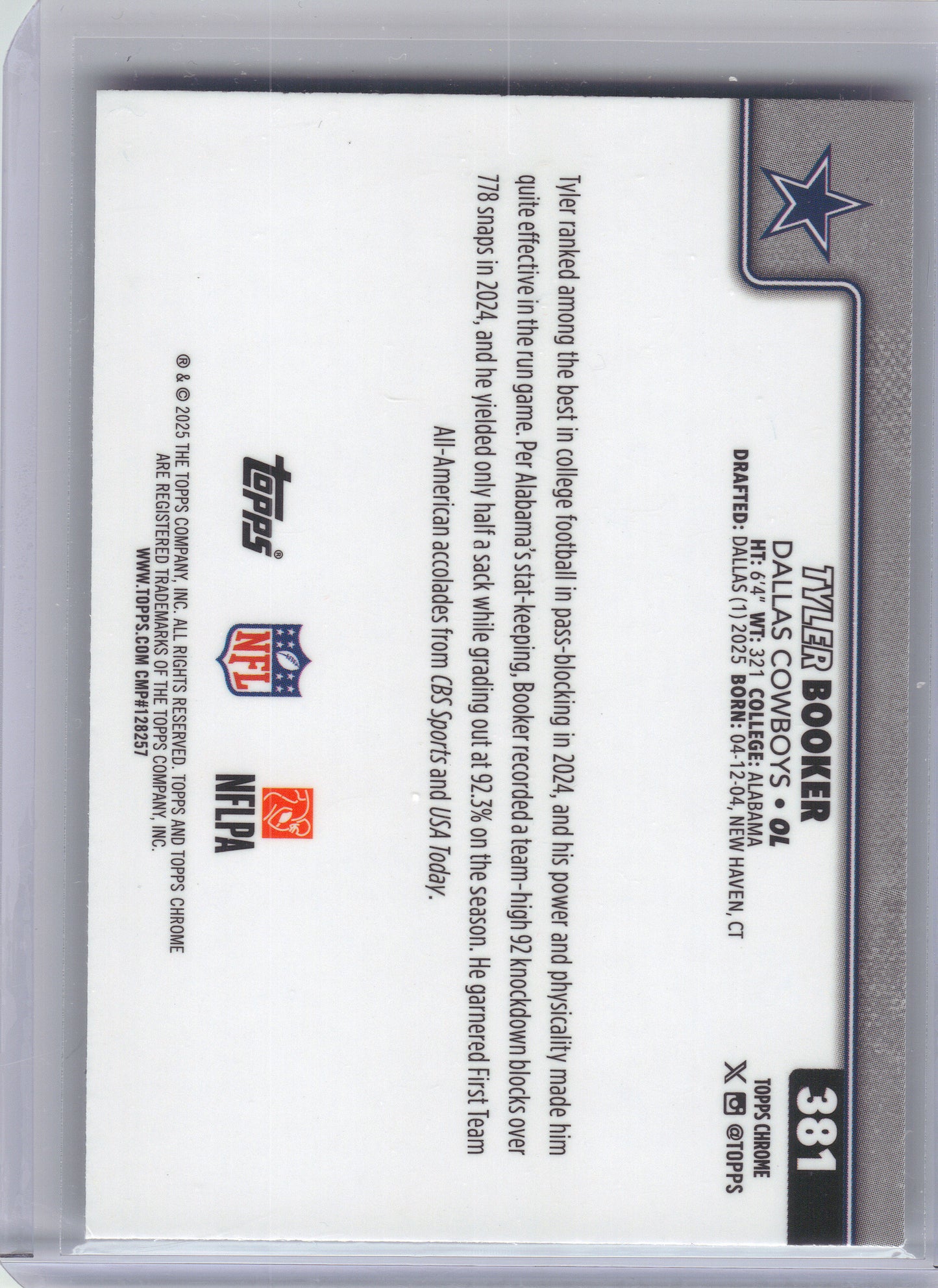 2025 Topps Chrome #381 Tyler Booker Dallas Cowboys Rookie