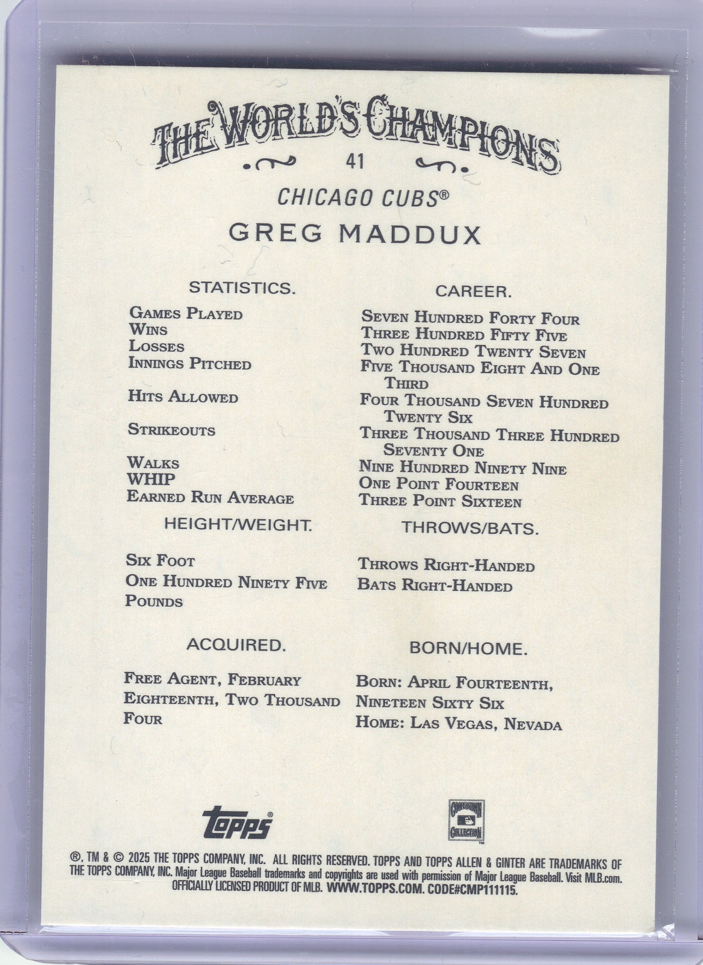 2025 Topps Allen & Ginter #41 Greg Maddux Silver Portrait Chicago Cubs