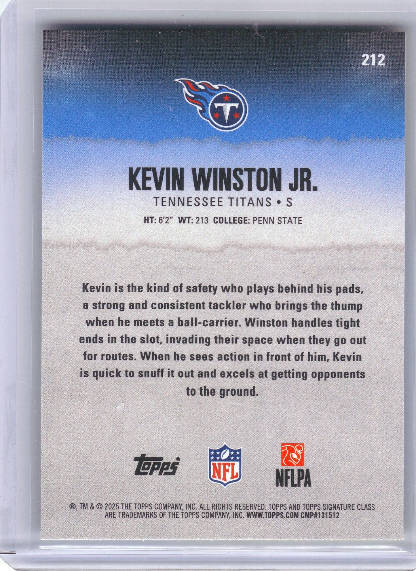 2025 Topps Signature Class #212 Kevin Winston Jr. Blue & Yellow Tennessee Titans Rookie