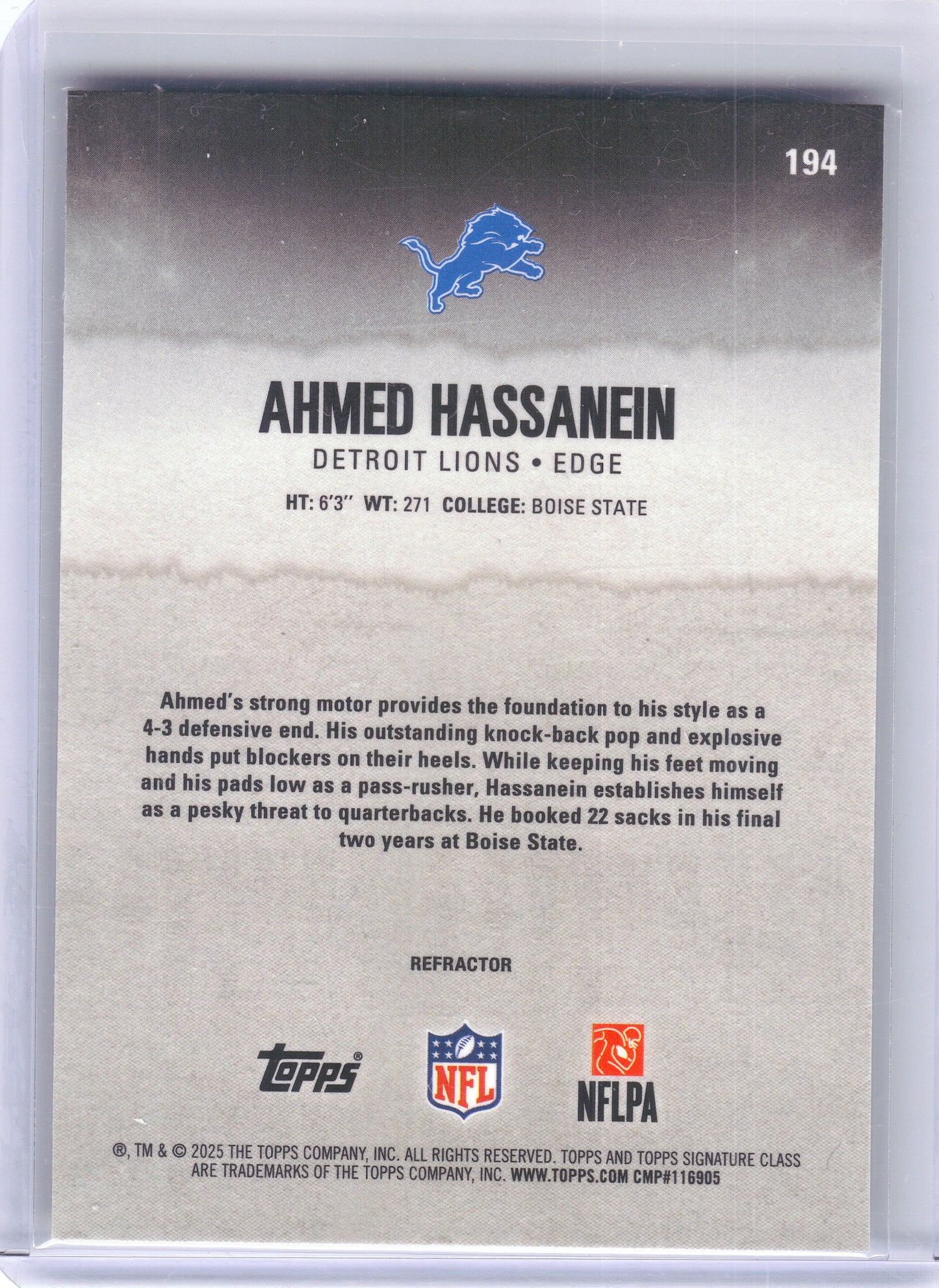 2025 Topps Signature Class #194 Ahmed Hassanein Chrome Detroit Lions Rookie