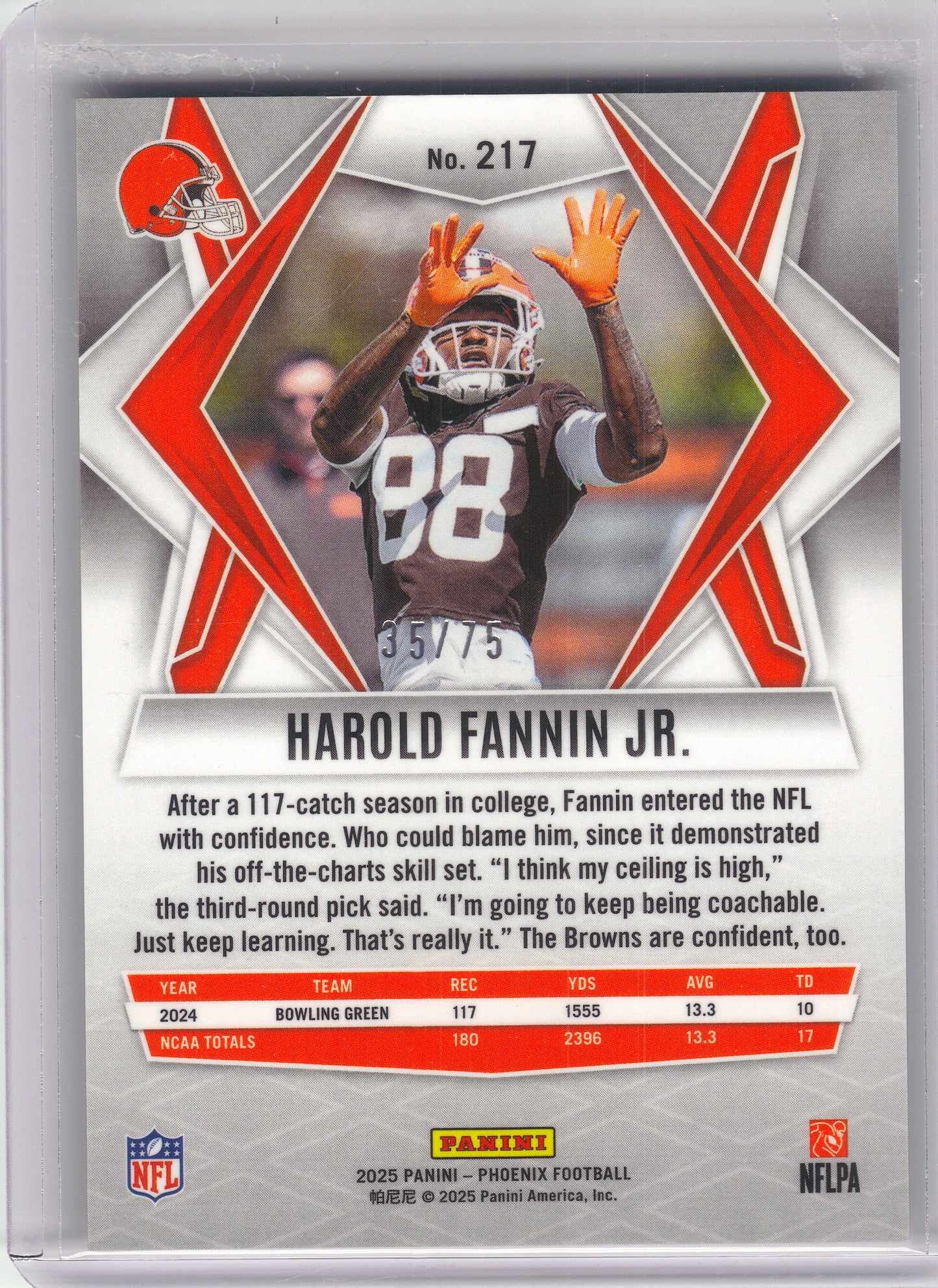 2025 Panini Phoenix #217 Harold Fannin Jr. Lime Green Mojo Prizm #/75 Cleveland Browns SN, Rookie