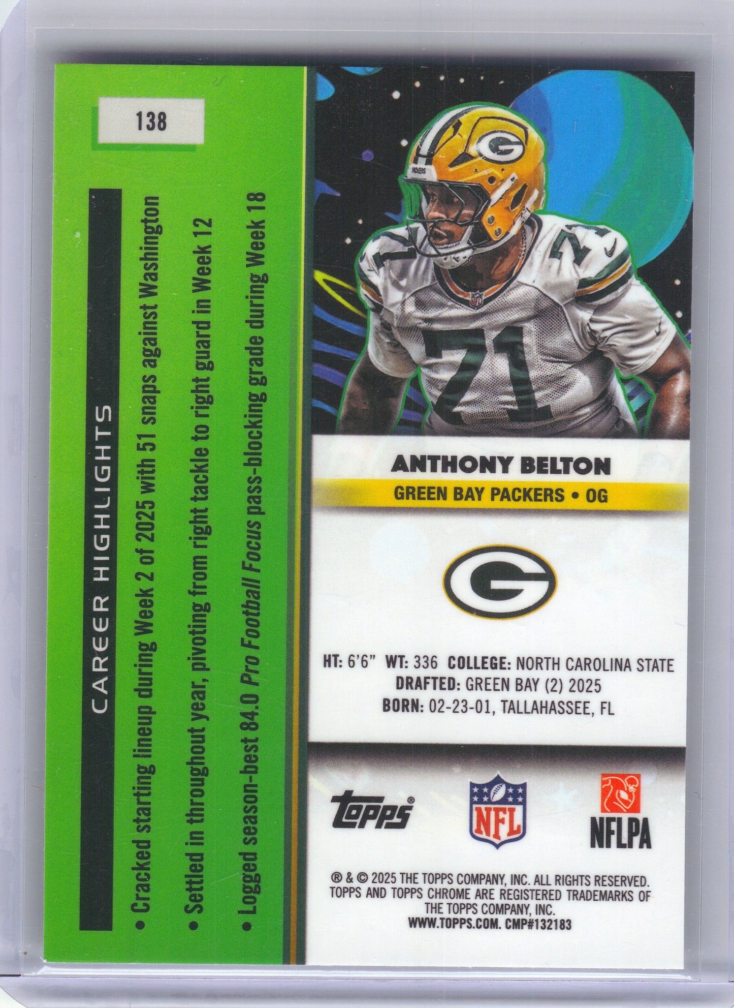 2025 Topps Chrome Cosmic #138 Anthony Belton Green Bay Packers Rookie