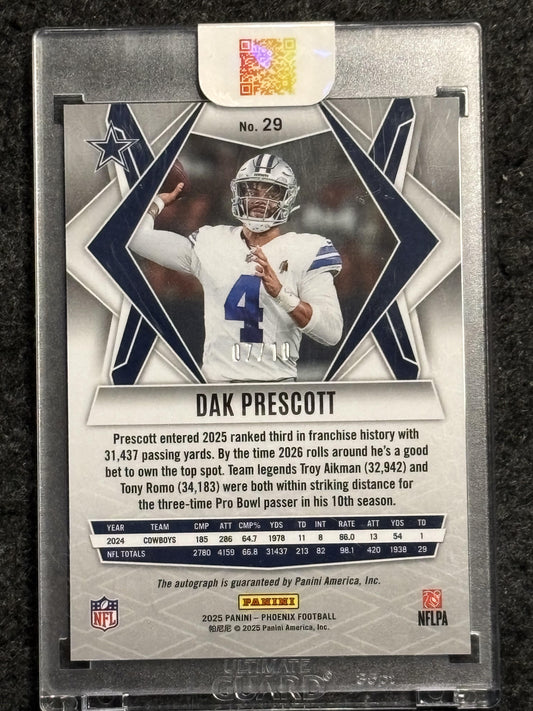 2025 Panini Phoenix #29 Dak Prescott Base Autographs Gold Prizm #/10 Dallas Cowboys SN, Auto