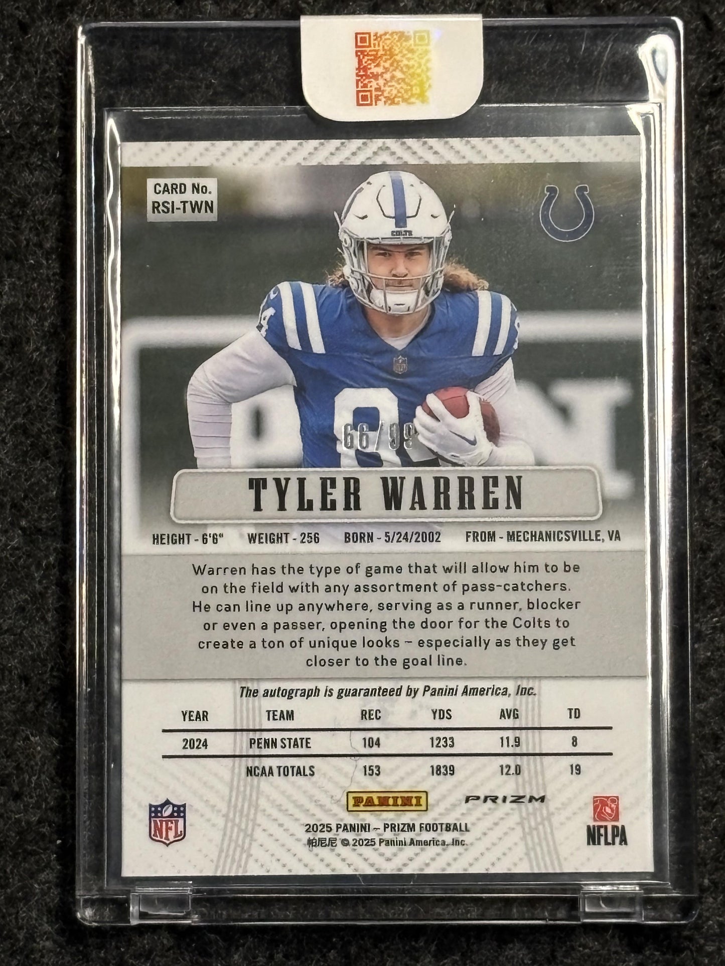 2025 Panini Prizm #RWI-TWN Tyler Warren Retro 2012 Signatures Blue Ice #/99 Indianapolis Colts SN, Auto