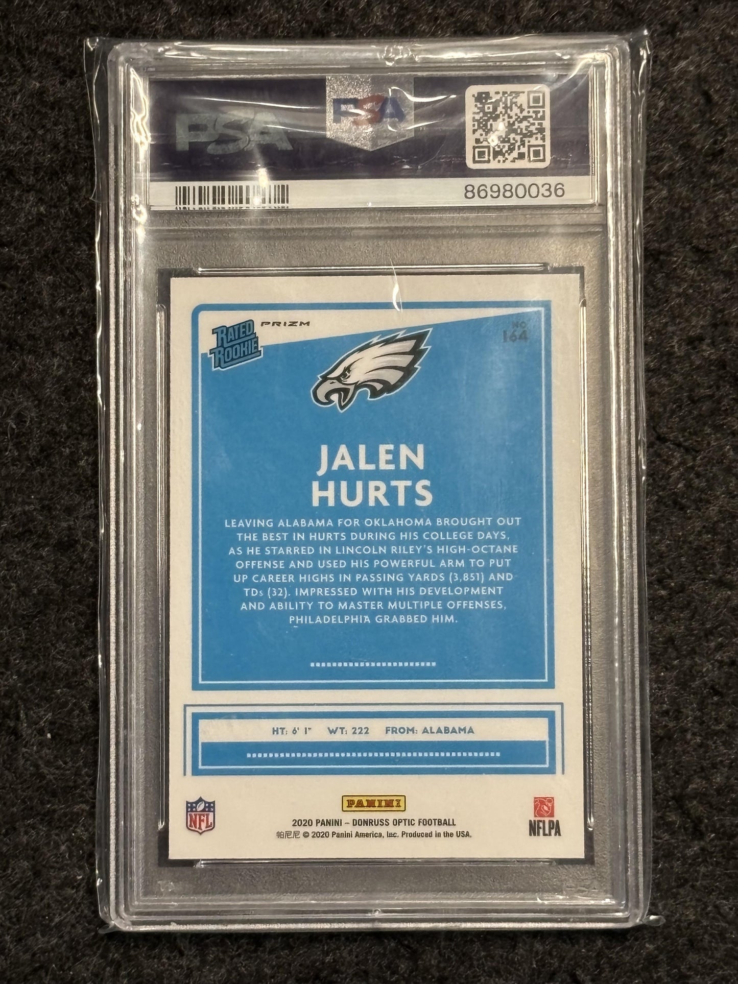 2020 Donruss Optic #164 Jalen Hurts Blue Scope PSA 10 Philadelphia Eagles Rookie