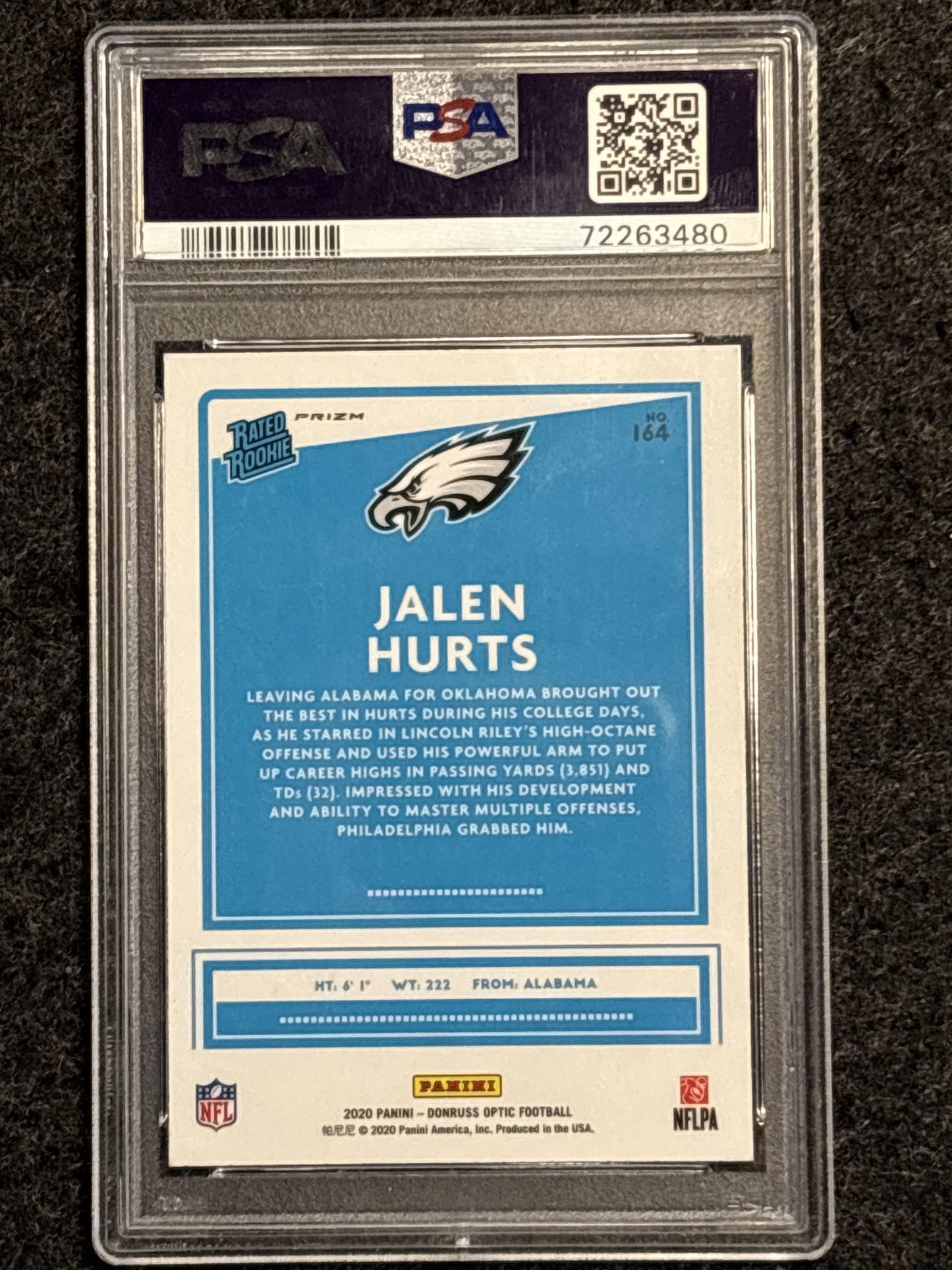 2020 Donruss Optic #164 Jalen Hurts Pink PSA 9 Philadelphia Eagles Rookie