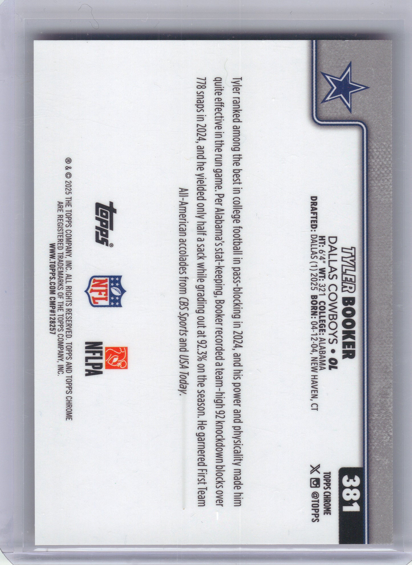 2025 Topps Chrome #381 Tyler Booker Football Leather Orange #/25 Dallas Cowboys SN, Rookie
