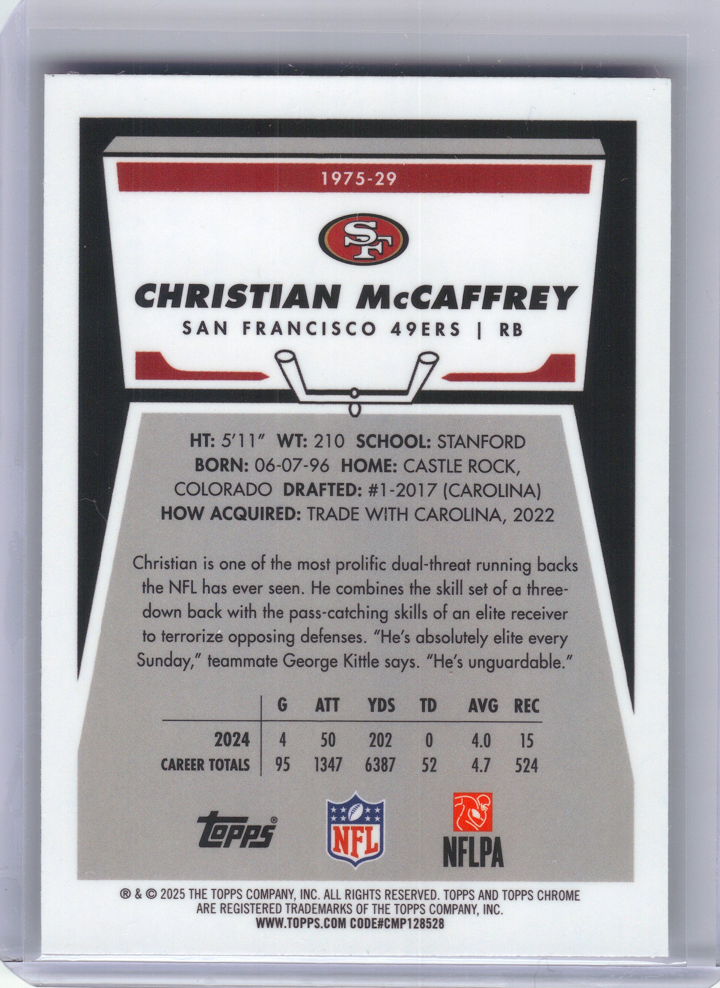 2025 Topps Chrome #1975-29 Christian McCaffrey 1975 Topps San Francisco 49ers