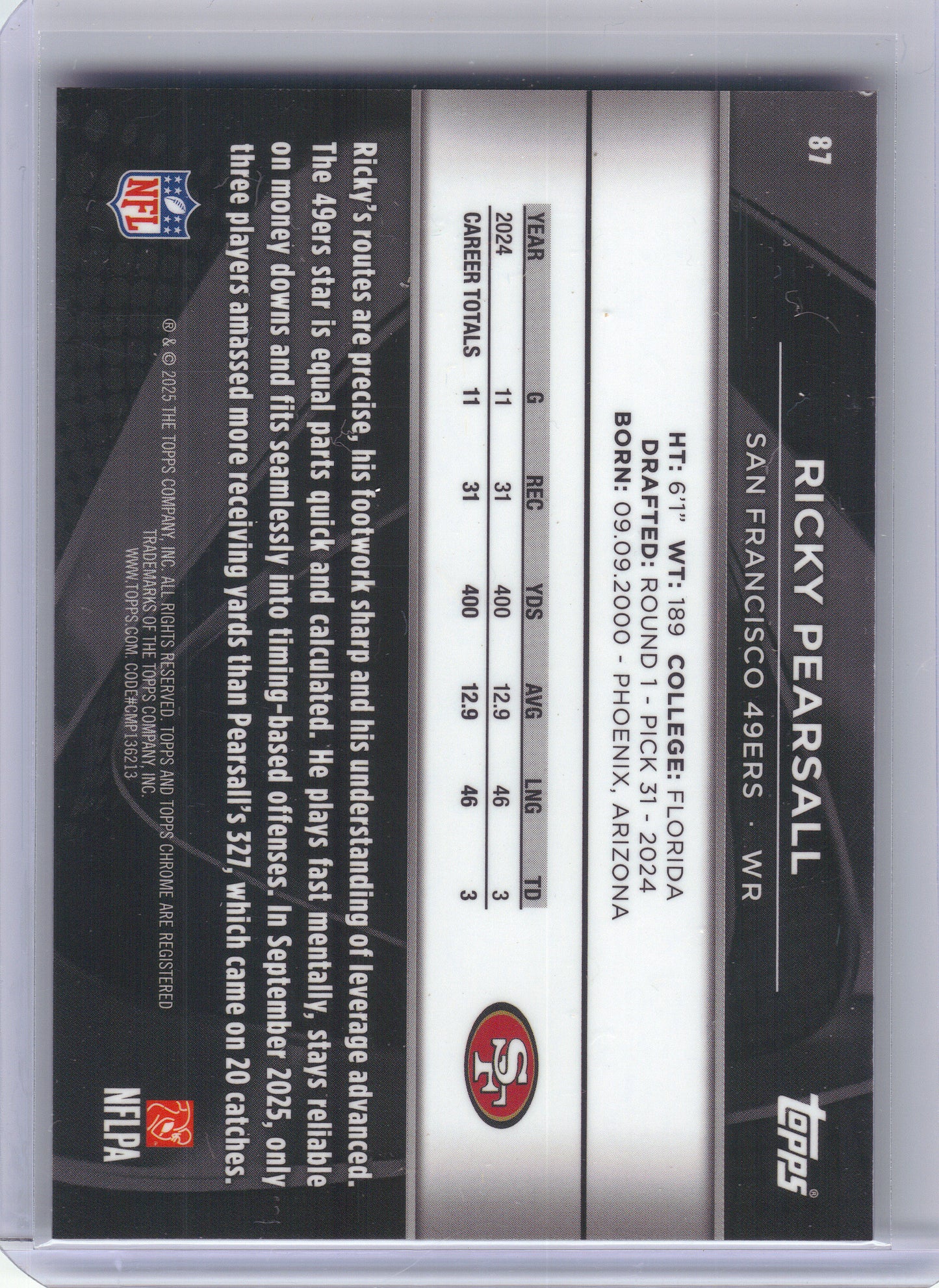 2025 Topps Chrome Black #87 Ricky Pearsall Purple /75 San Francisco 49ers