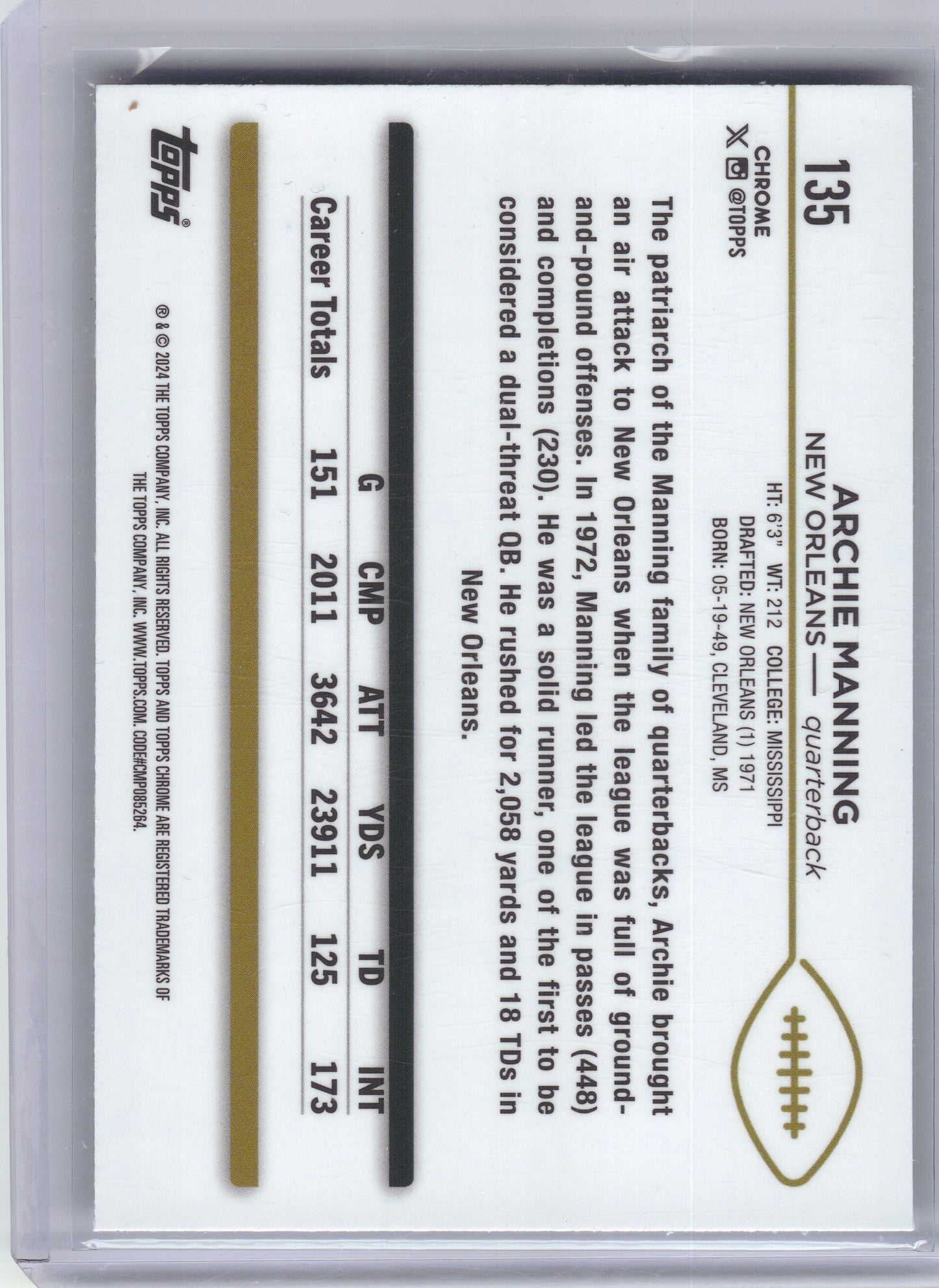 2024 Topps Chrome #135 Archie Manning X-Fractor New Orleans Saints