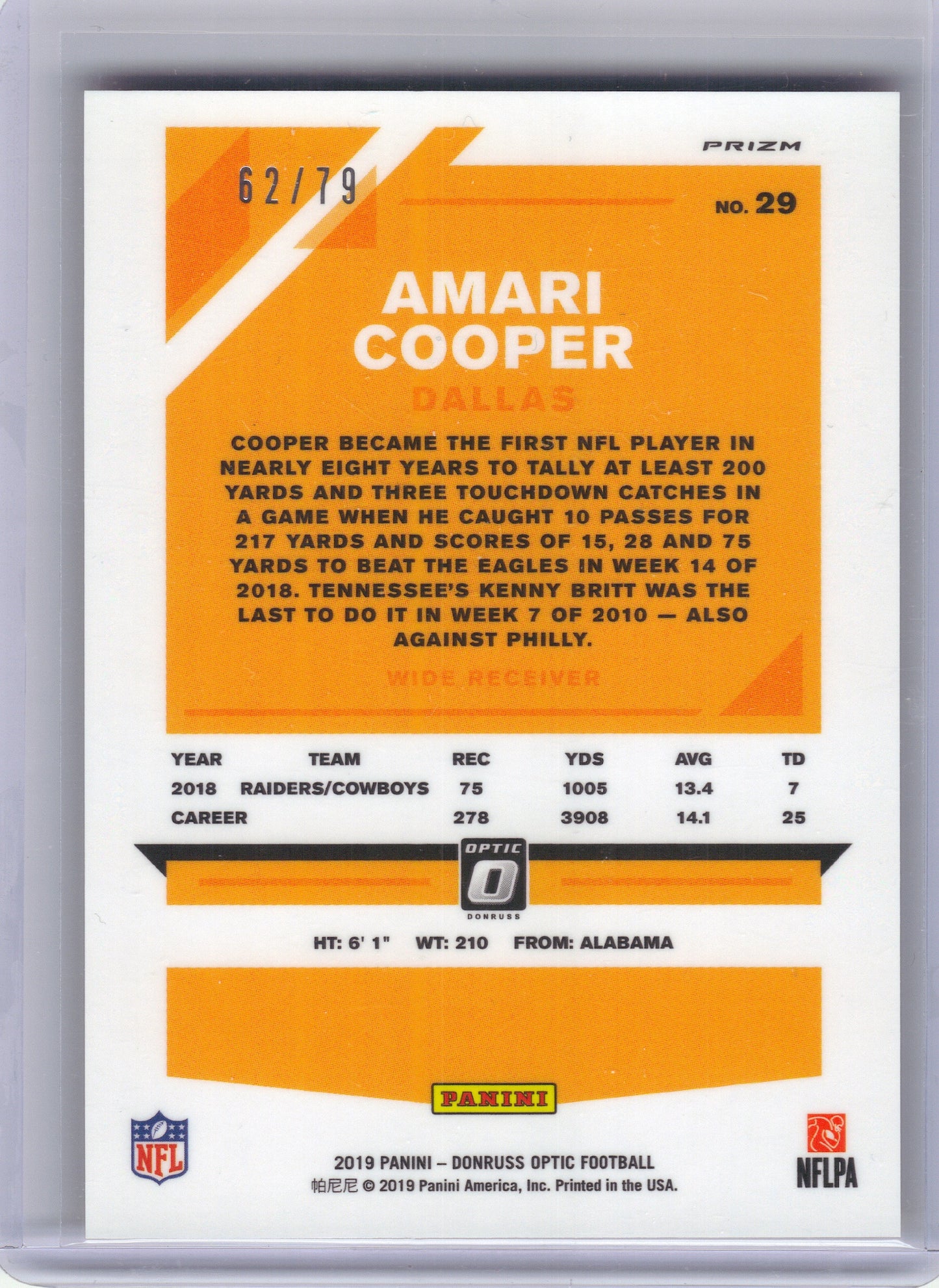 2019 Donruss Optic #29 Amari Cooper Orange Scope #/79 Dallas Cowboys SN
