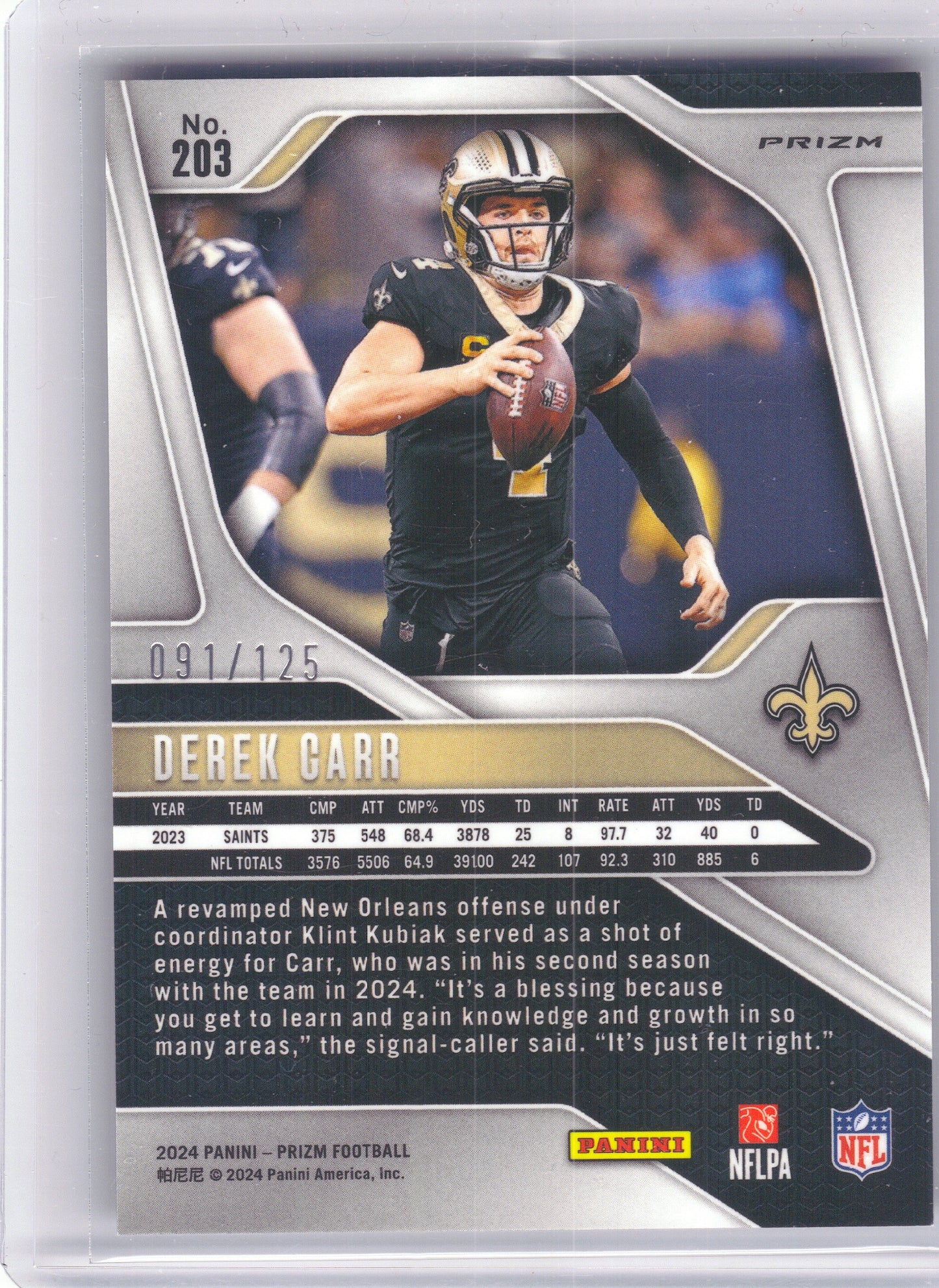 2024 Panini Prizm #203 Derek Carr Purple #/125 New Orleans Saints SN