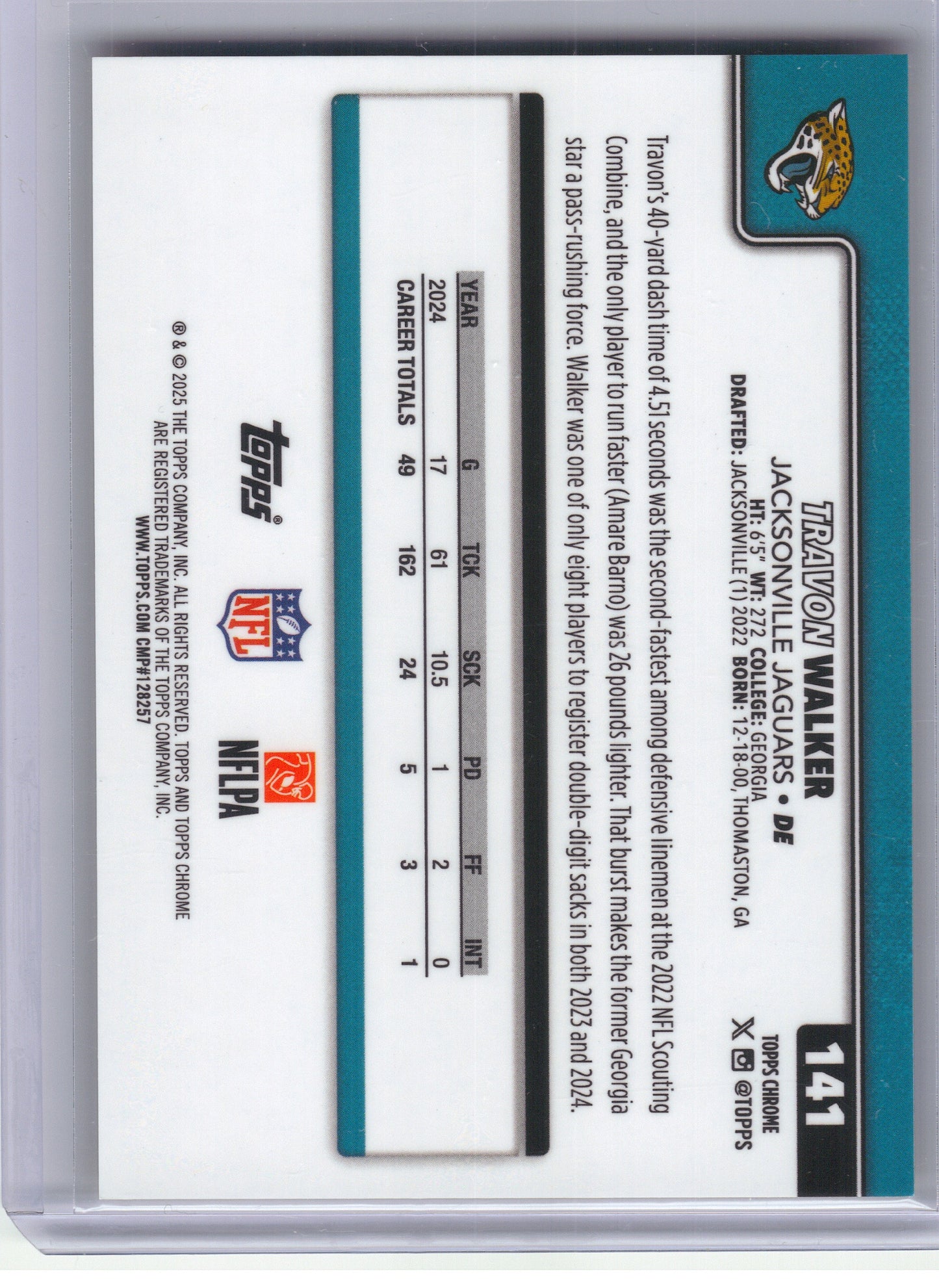 2025 Topps Chrome #141 Travon Walker Yellow Wave Refractor #/275 Jacksonville Jaguars SN