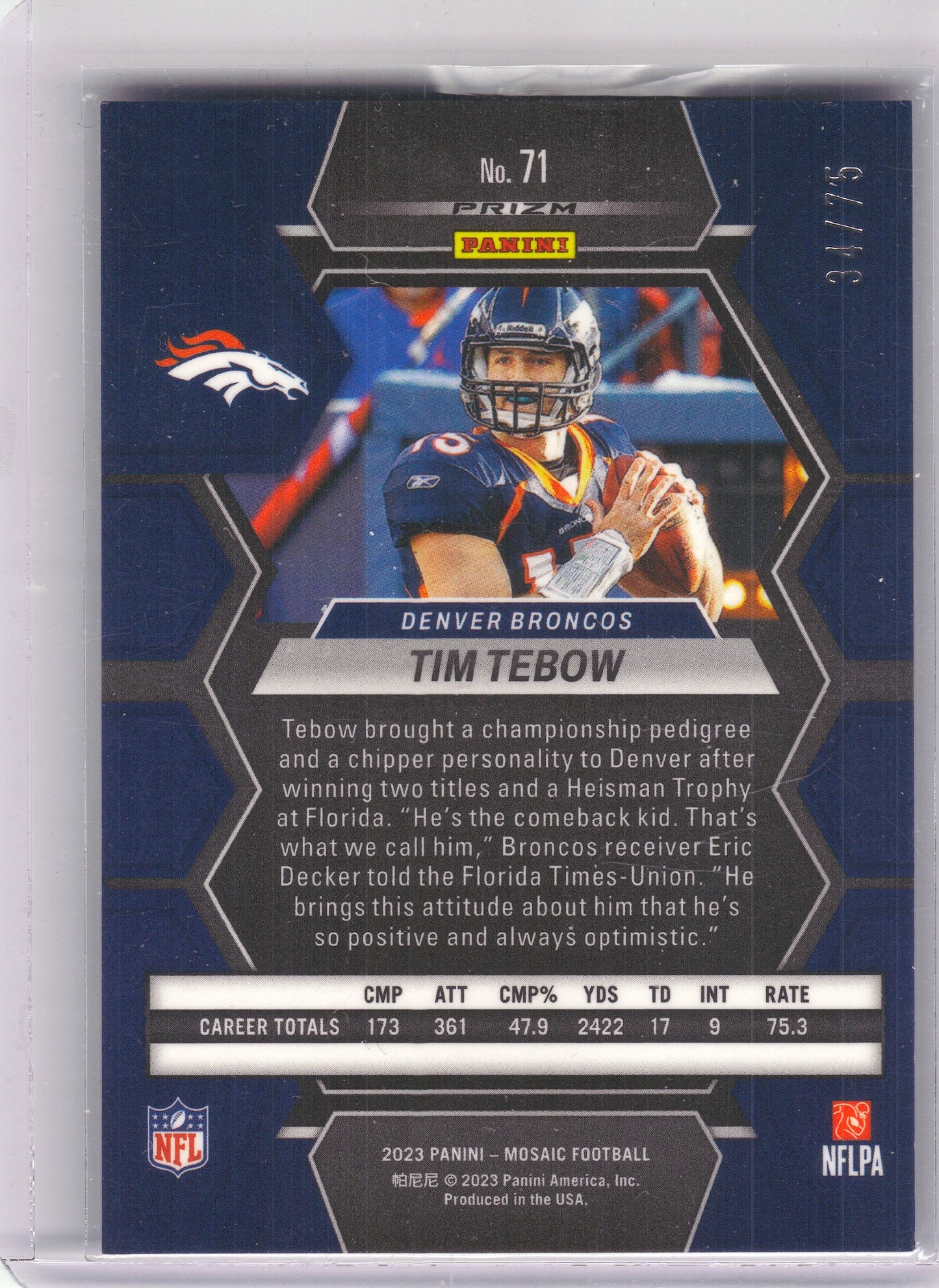 2023 Panini Mosaic #71 Tim Tebow Blue No Huddle Mosaic #/75 Denver Broncos SN