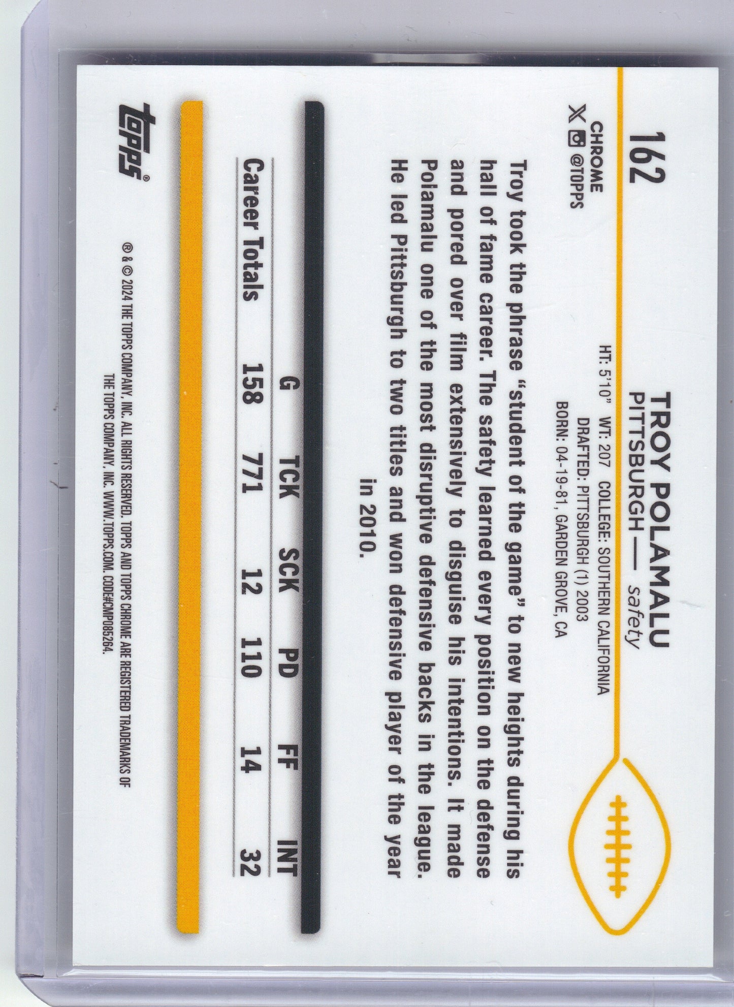 2024 Topps Chrome #162 Troy Polamalu Gold Refractor #/50 Pittsburgh Steelers SN
