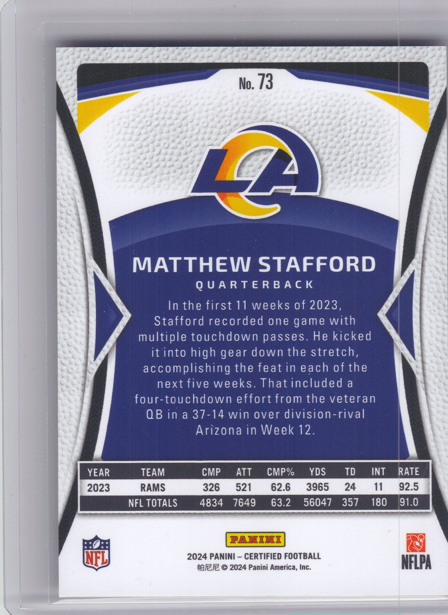 2024 Panini Certified #73 Matthew Stafford Mirror Red #/100 Los Angeles Rams SN