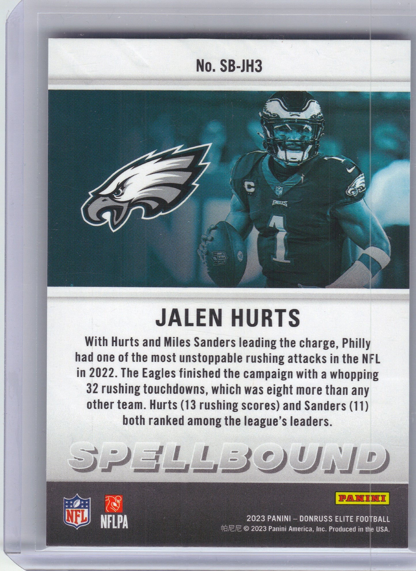 2023 Donruss Elite #SB-JH3 Jalen Hurts Spellbound #/349 Philadelphia Eagles SN