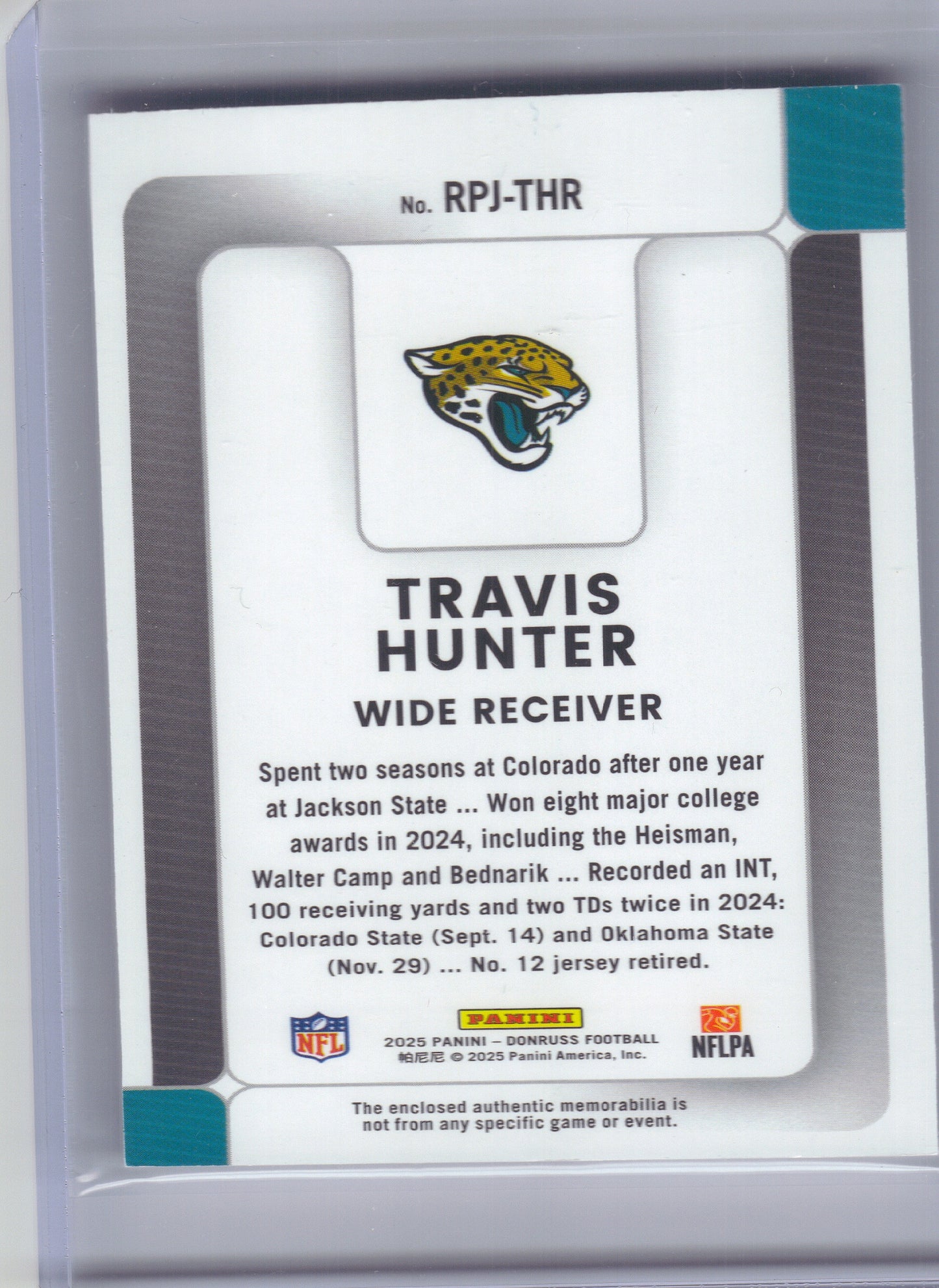 2025 Donruss #RPJ-THR Travis Hunter Rookie Phenom Jerseys Jacksonville Jaguars Memorabilia