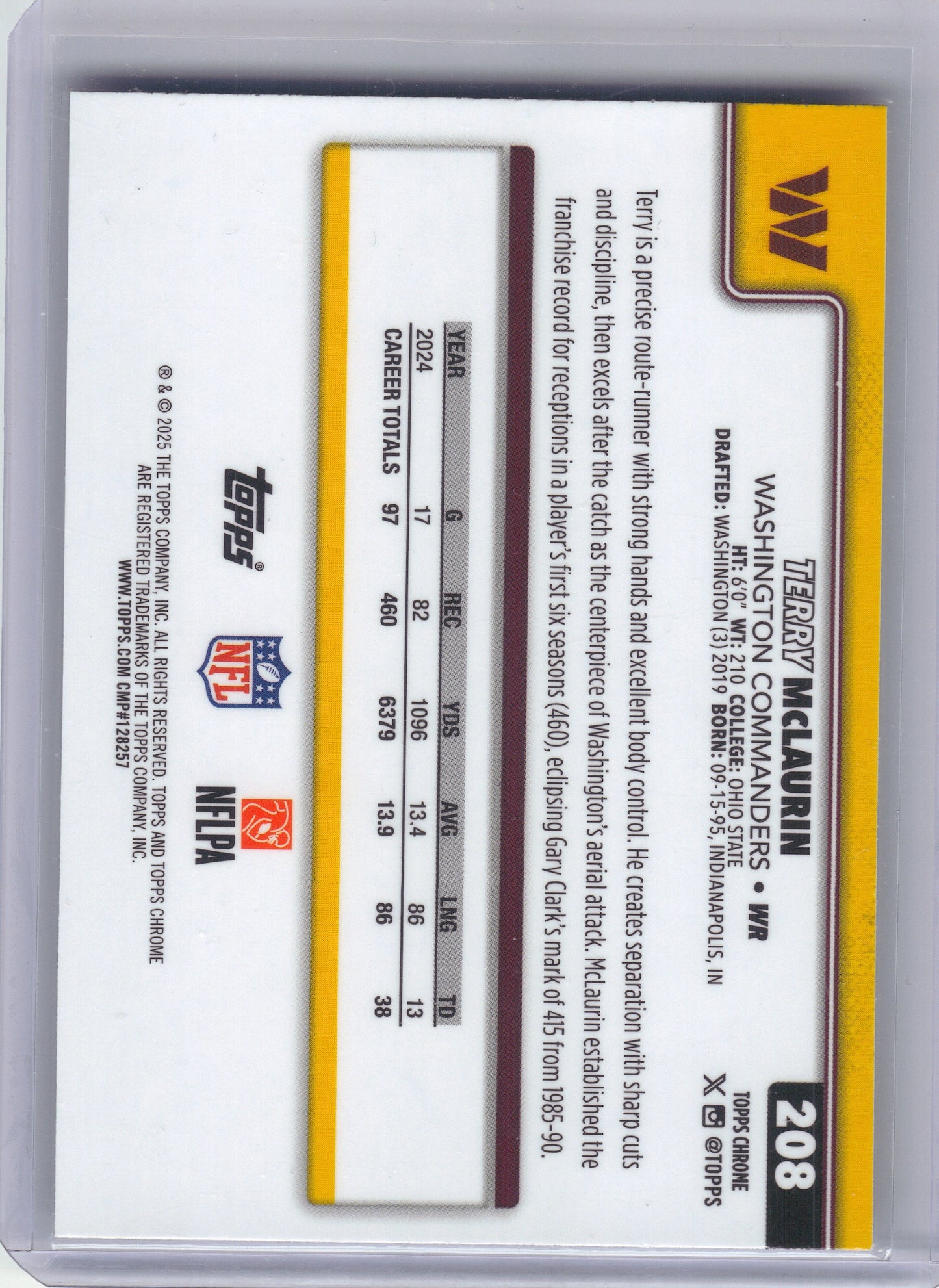 2025 Topps Chrome #208 Terry McLaurin Ray Wave Refractor Washington Commanders