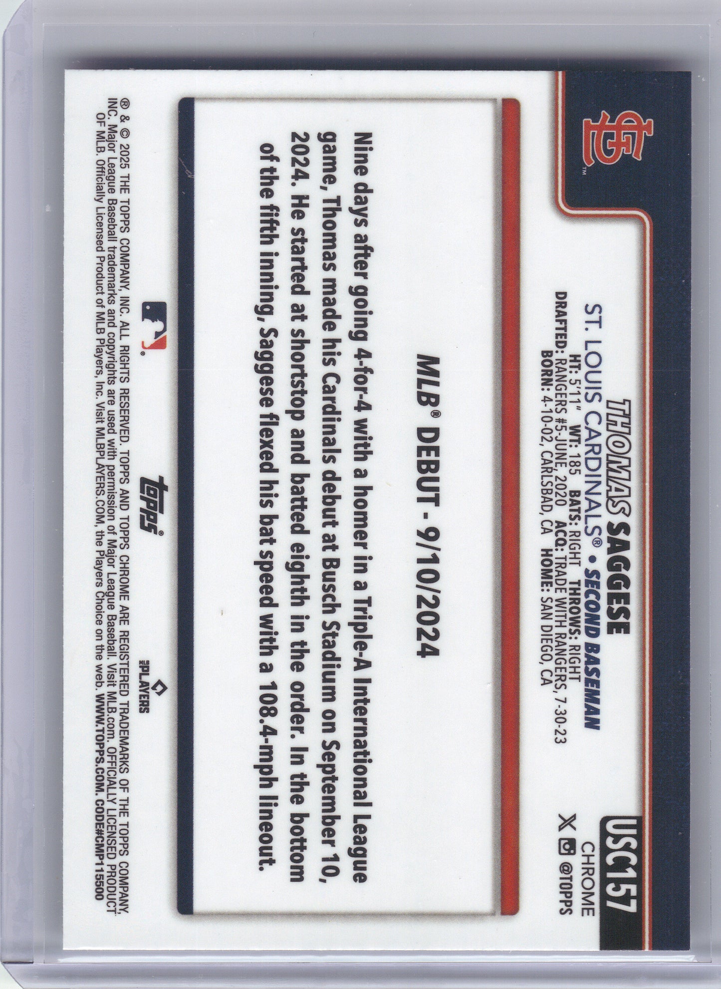 2025 Topps Update #US21 Thomas Saggese X-Fractor St. Louis Cardinals