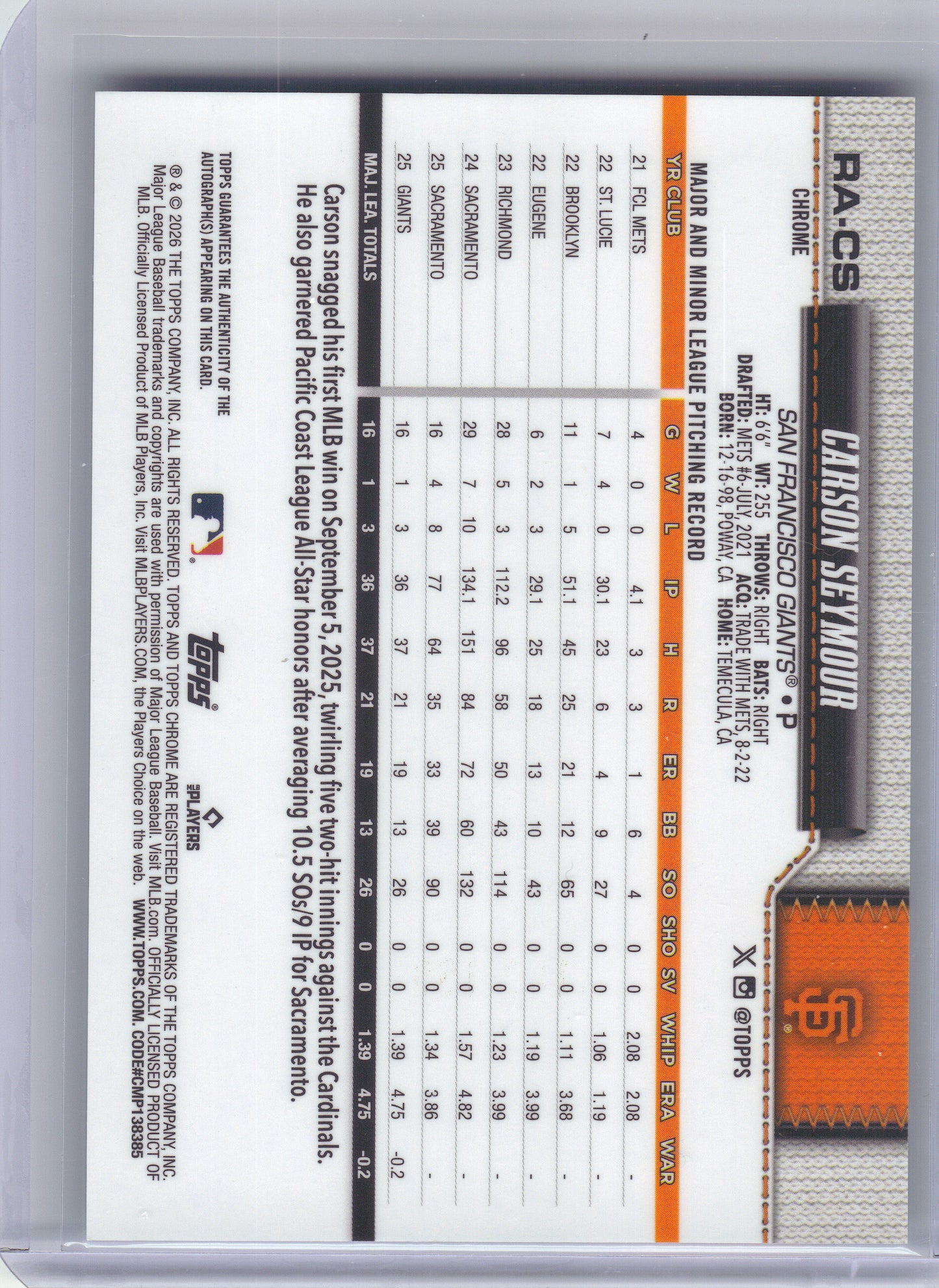 2026 Topps Chrome #RA-CS Carson Seymour Rookie Autographs Aqua Refractors #/199 San Francisco Giants SN, Auto