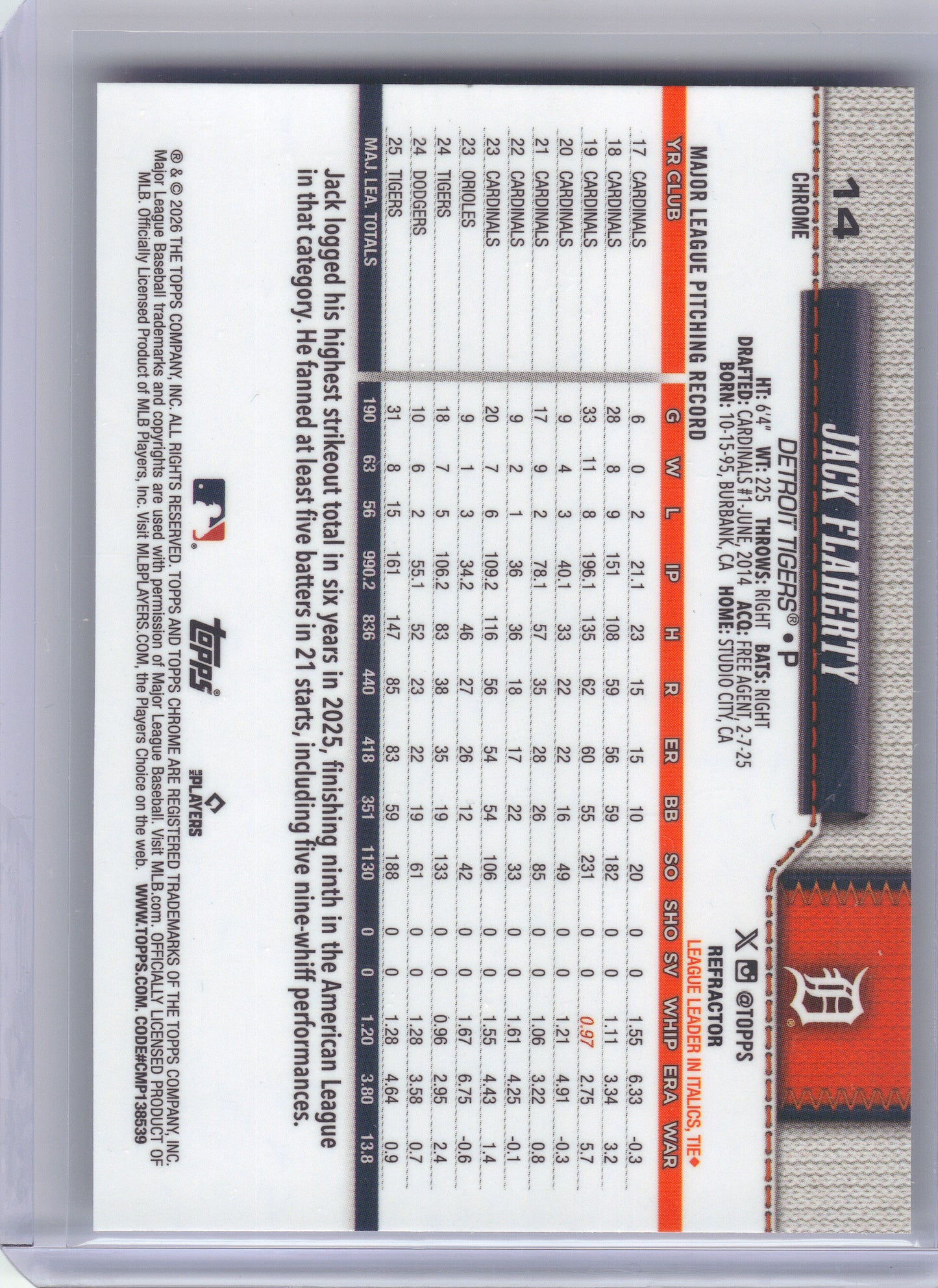 2026 Topps Chrome #14 Jack Flaherty Refractors Detroit Tigers