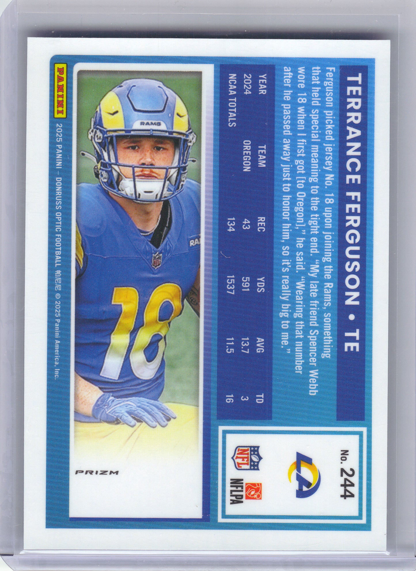 2025 Donruss Optic #244 Terrance Ferguson Blue Hyper Los Angeles Rams Rookie