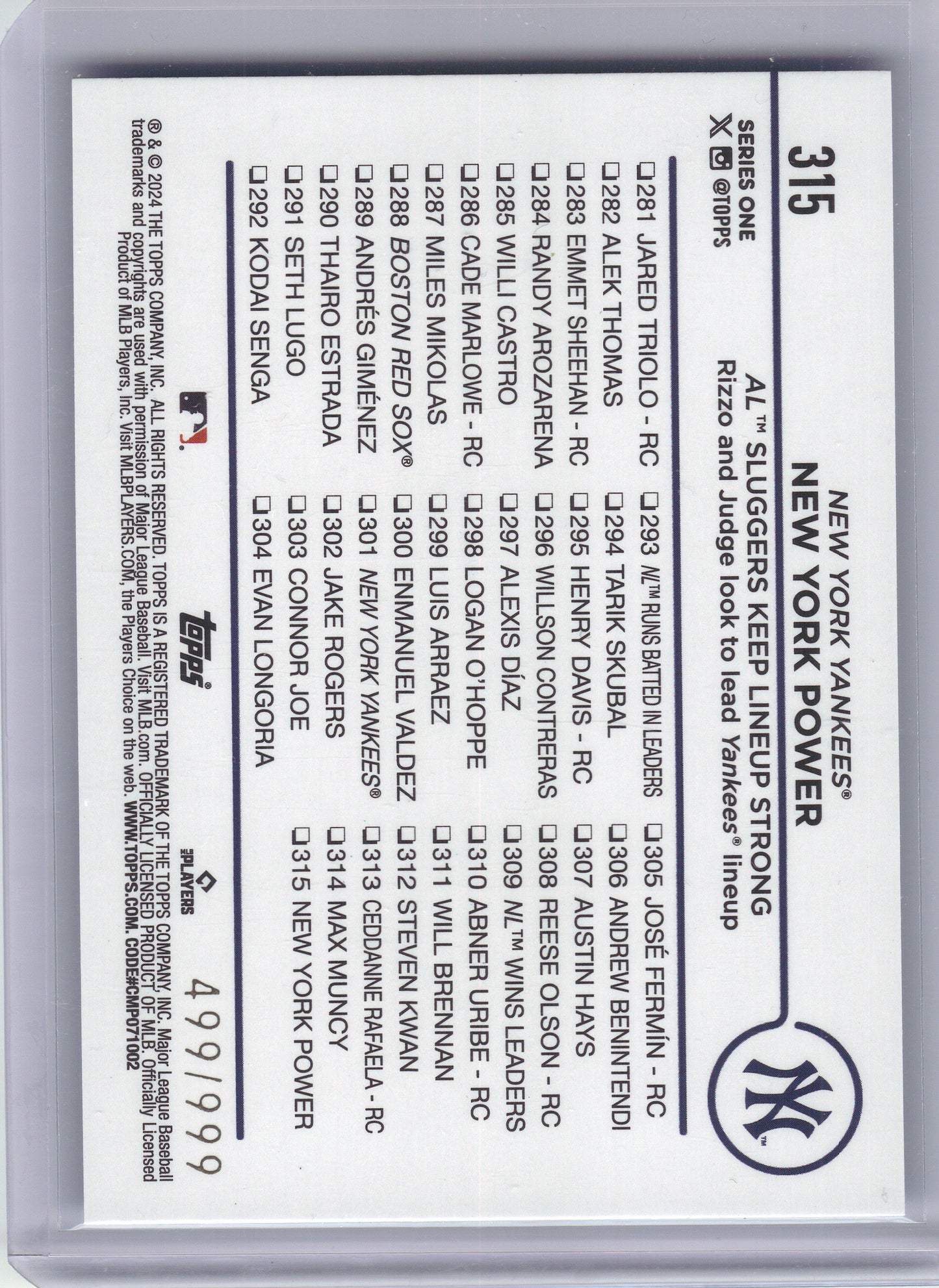 2024 Topps #315 New York Power: AL Sluggers Keep Lineup Strong Blue Holofoil #/999 New York Yankees SN
