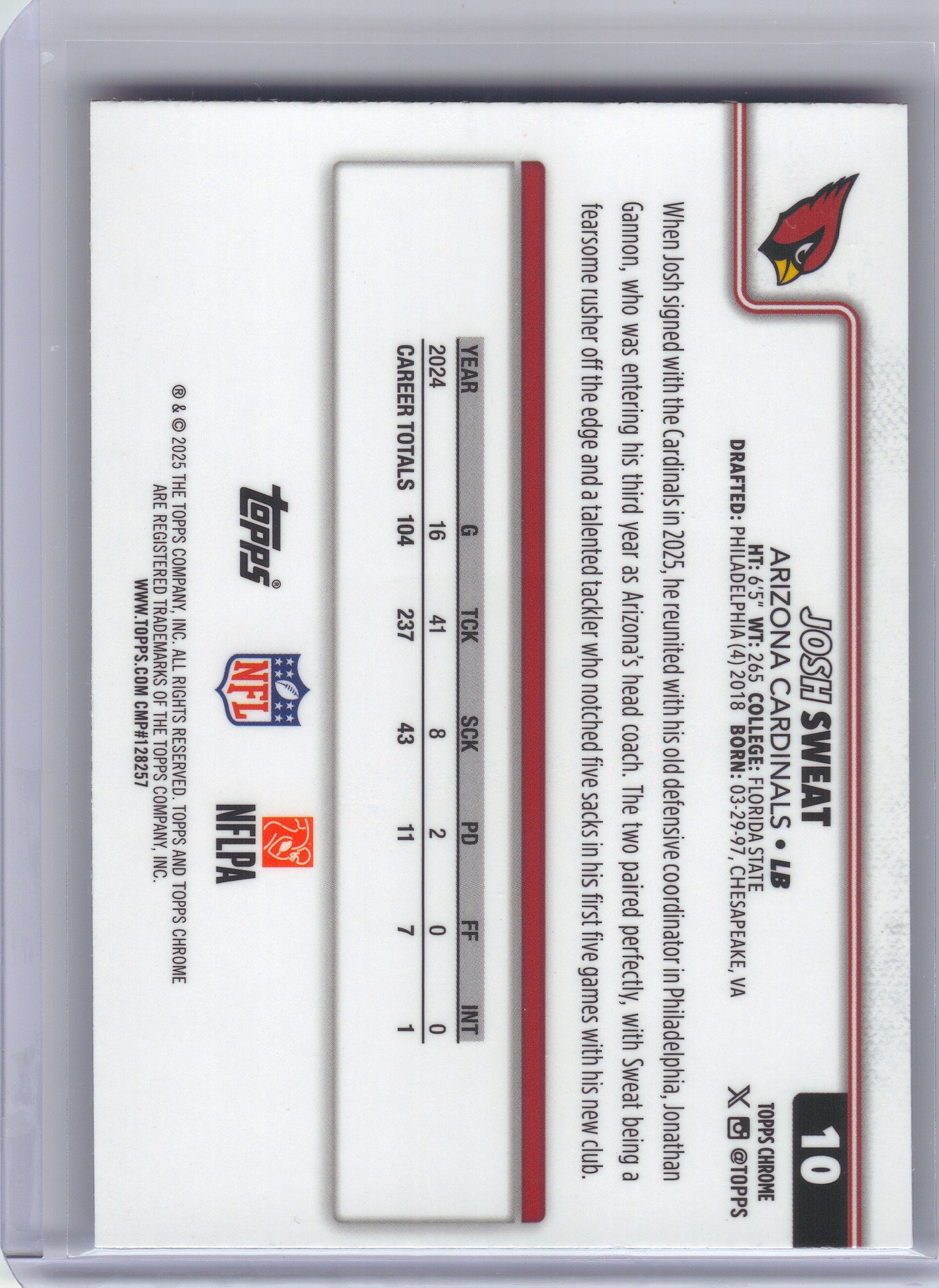 2025 Topps Chrome #10 Josh Sweat Red White and Blue Refractor Arizona Cardinals
