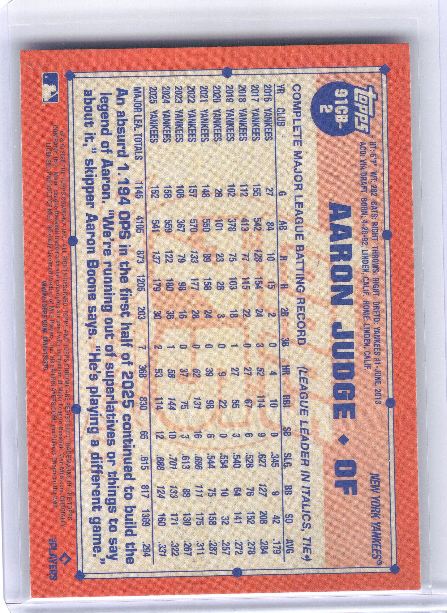 2026 Topps Chrome #91CB-2 Aaron Judge 1991 Topps Baseball 35th Anniversary New York Yankees