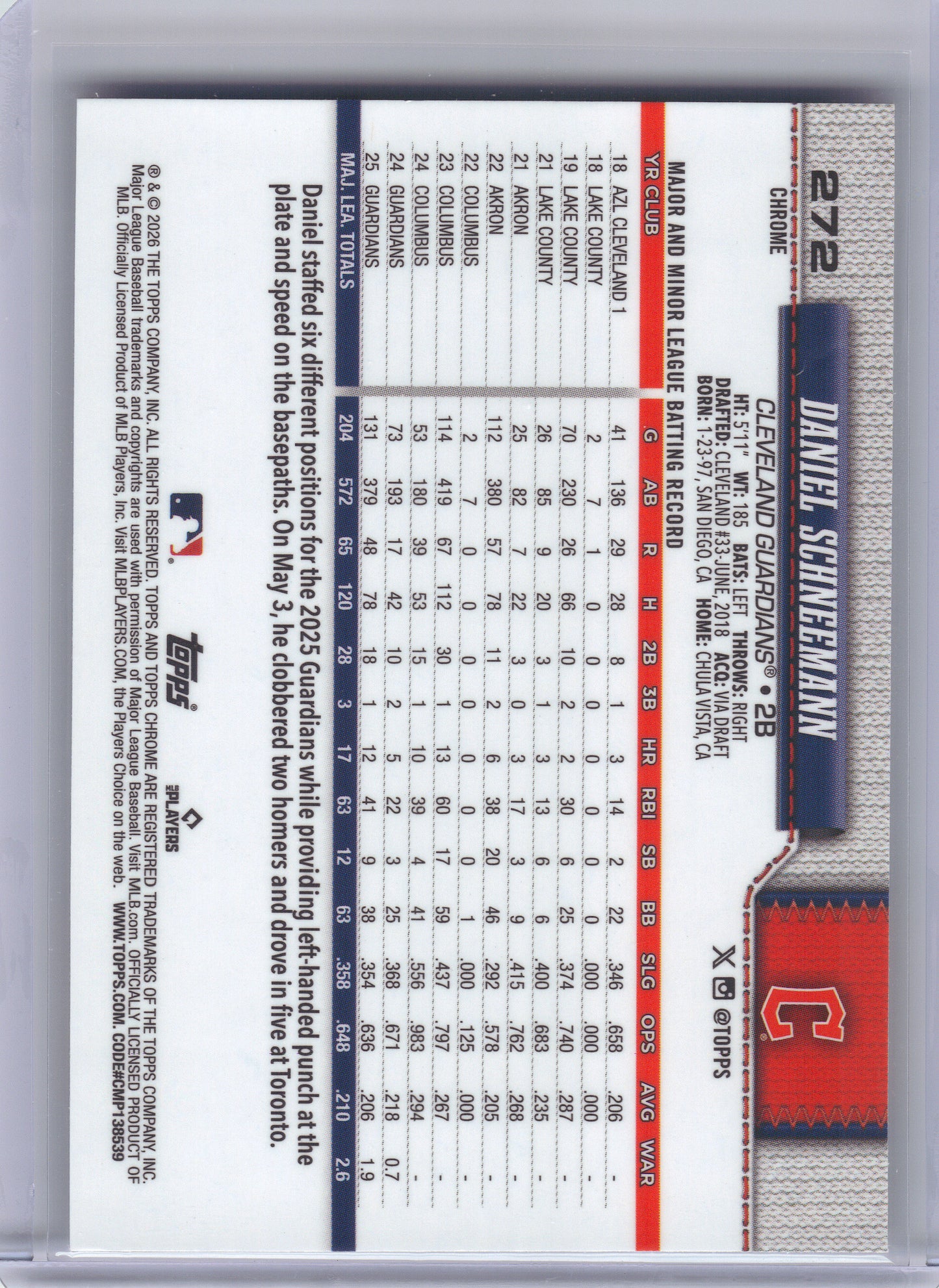 2026 Topps Chrome #272 Daniel Schneemann X-Fractors Cleveland Guardians