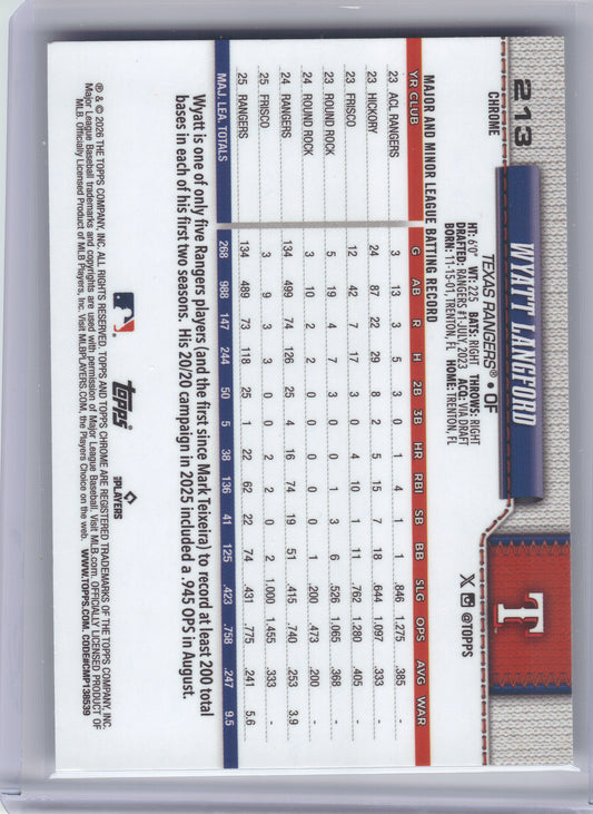 2026 Topps Chrome #213 Wyatt Langford X-Fractors Texas Rangers